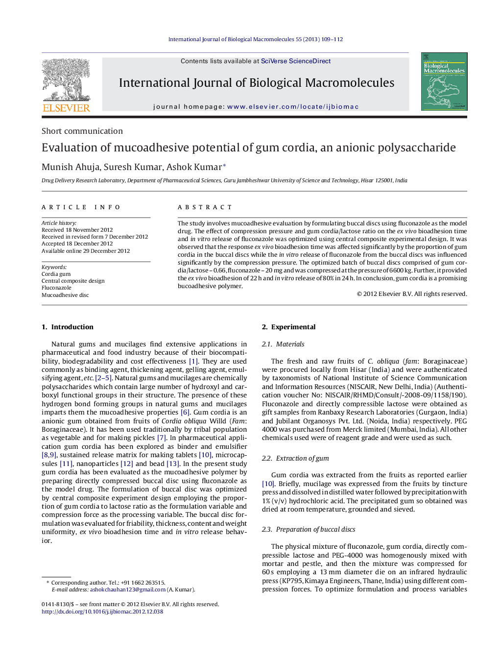 Evaluation of mucoadhesive potential of gum cordia, an anionic polysaccharide