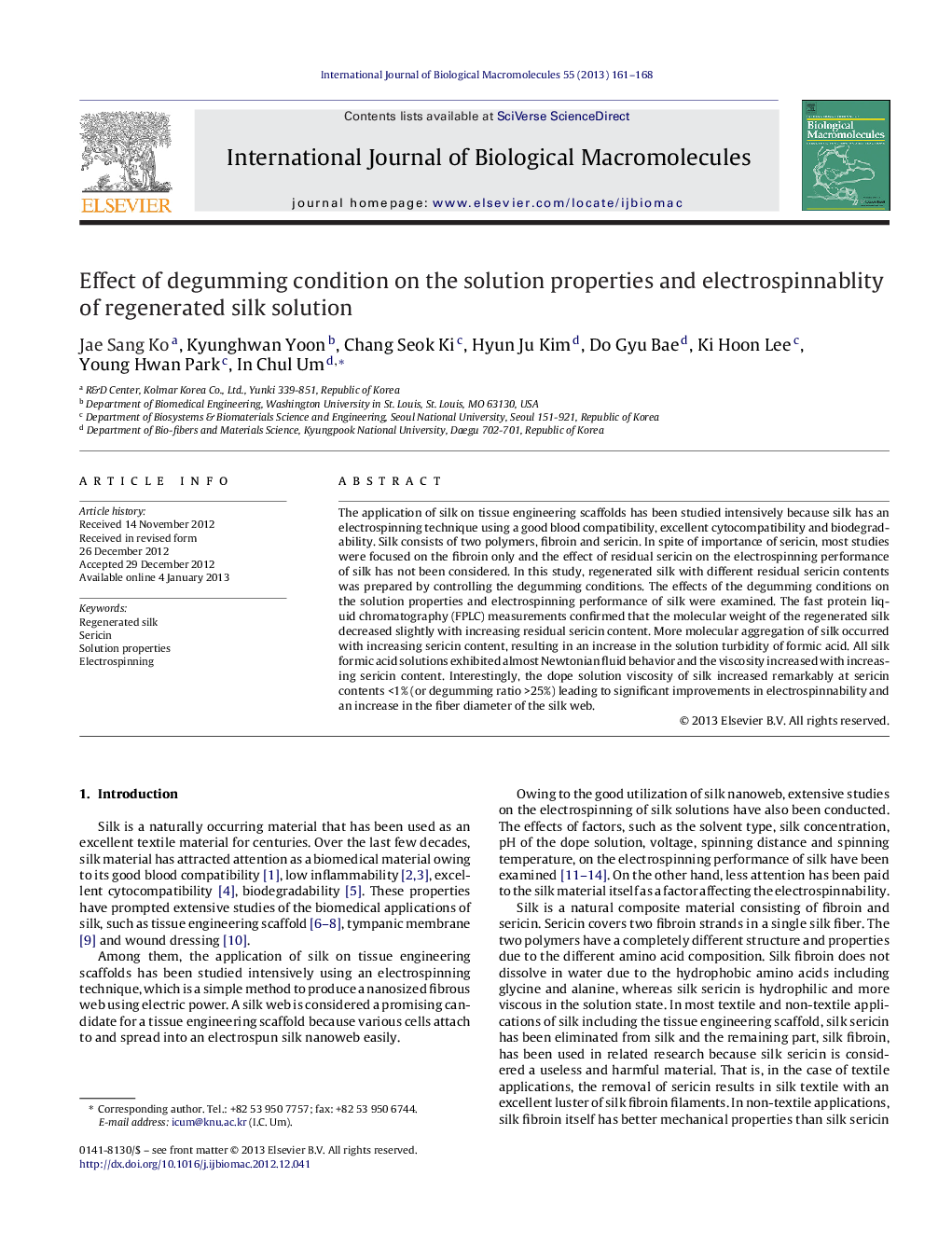 Effect of degumming condition on the solution properties and electrospinnablity of regenerated silk solution