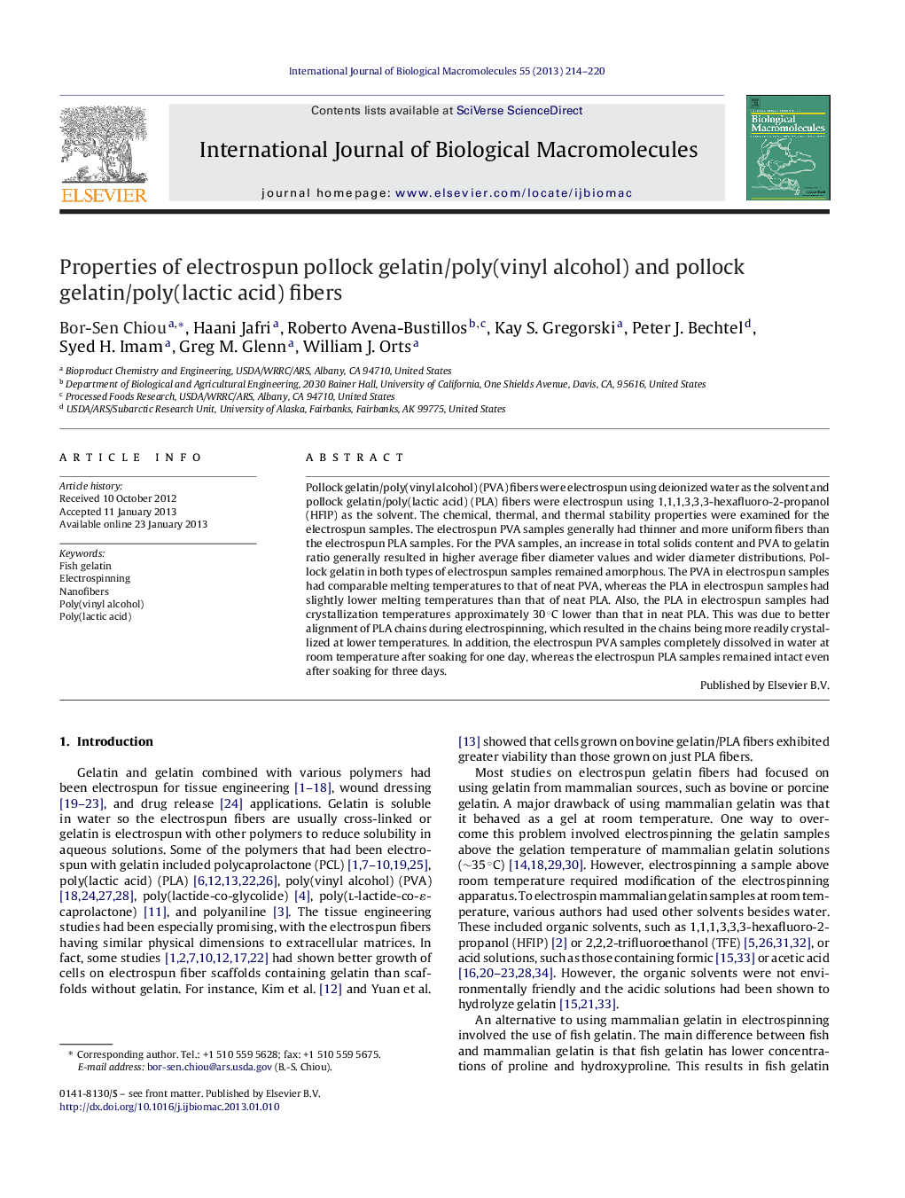 Properties of electrospun pollock gelatin/poly(vinyl alcohol) and pollock gelatin/poly(lactic acid) fibers