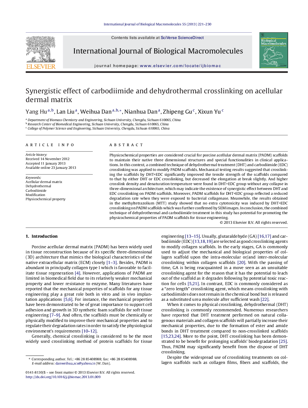 Synergistic effect of carbodiimide and dehydrothermal crosslinking on acellular dermal matrix