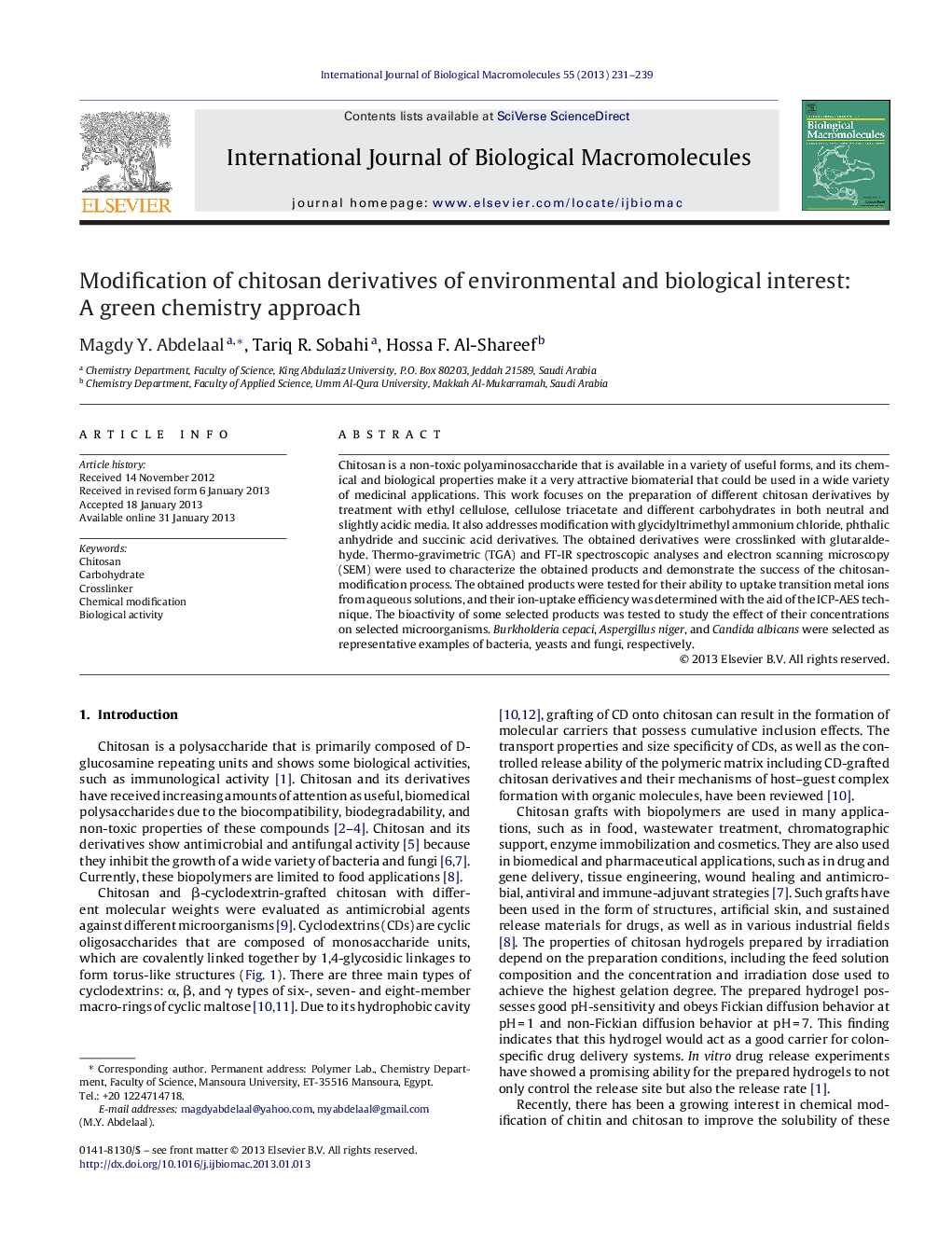 Modification of chitosan derivatives of environmental and biological interest: A green chemistry approach