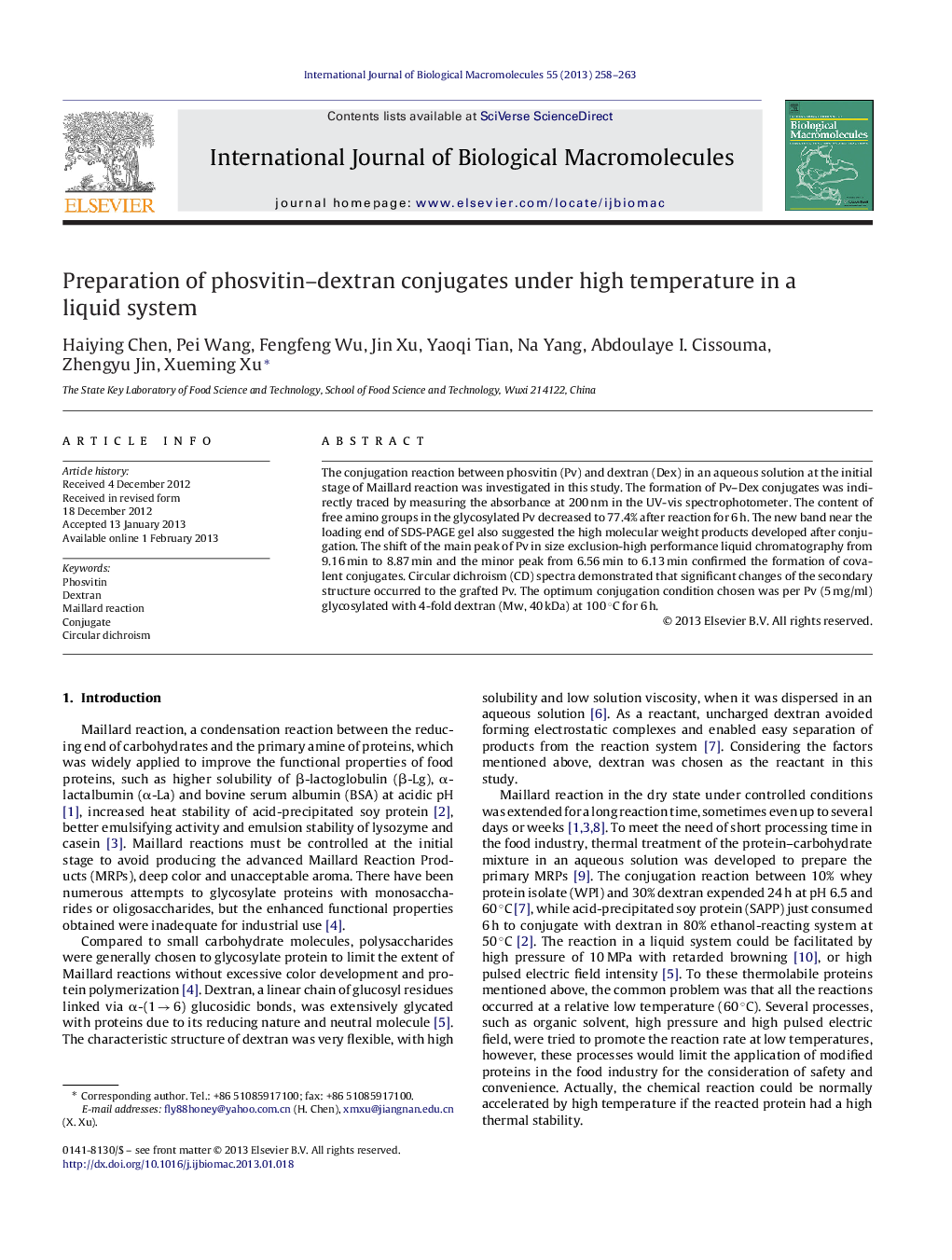 Preparation of phosvitin–dextran conjugates under high temperature in a liquid system