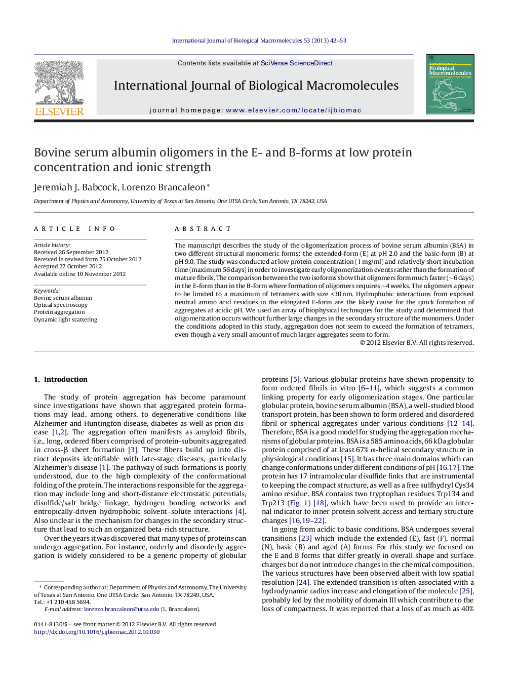 Bovine serum albumin oligomers in the E- and B-forms at low protein concentration and ionic strength