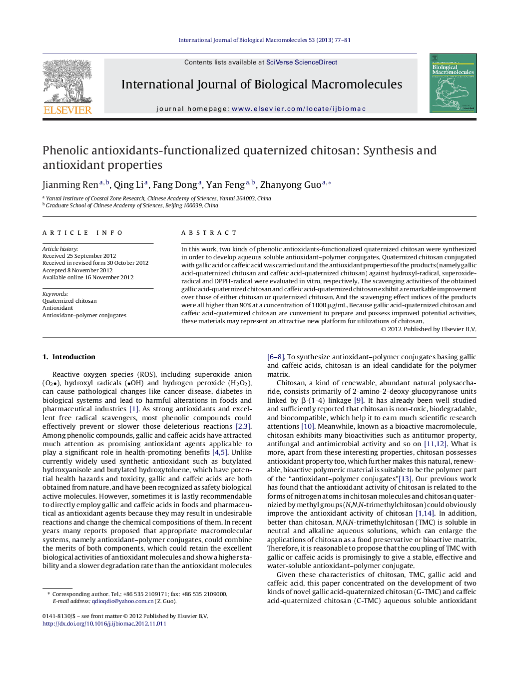 Phenolic antioxidants-functionalized quaternized chitosan: Synthesis and antioxidant properties