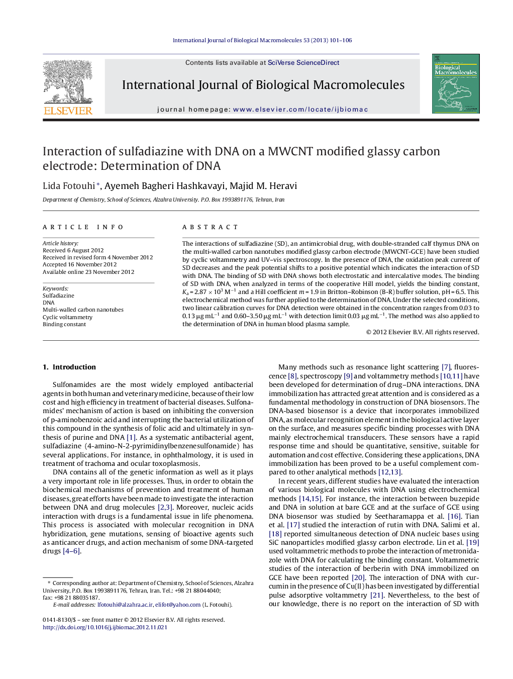 Interaction of sulfadiazine with DNA on a MWCNT modified glassy carbon electrode: Determination of DNA