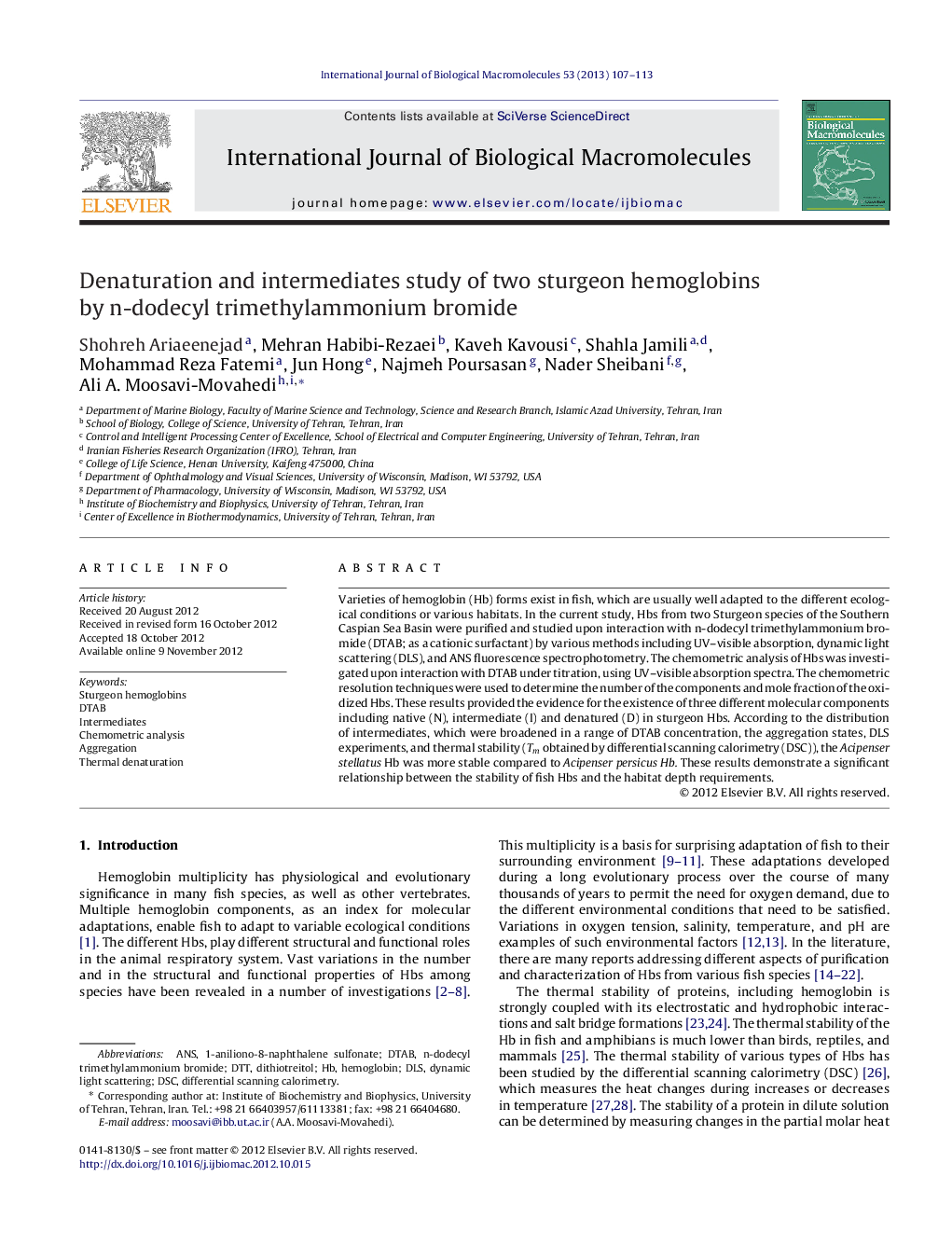 Denaturation and intermediates study of two sturgeon hemoglobins by n-dodecyl trimethylammonium bromide