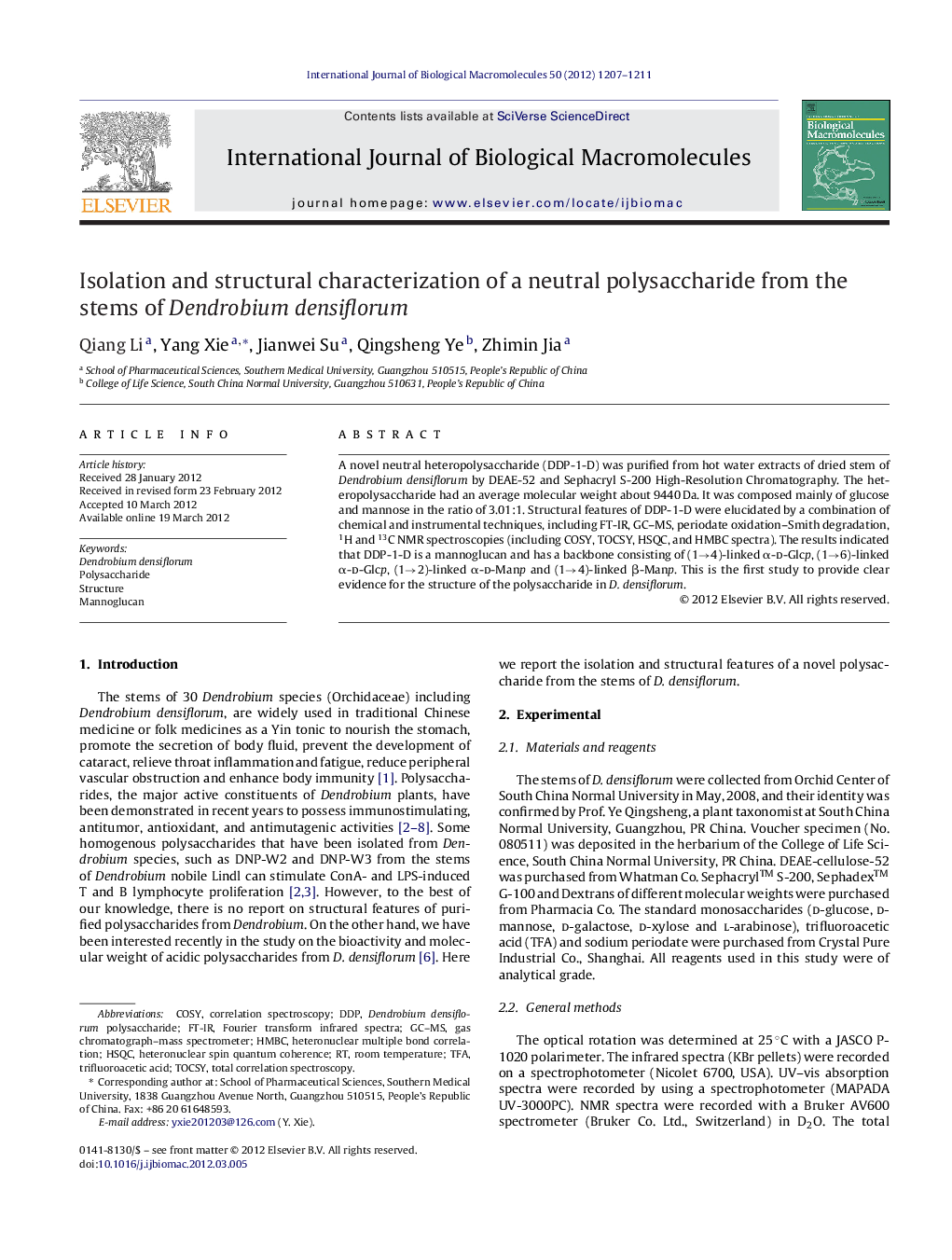 Isolation and structural characterization of a neutral polysaccharide from the stems of Dendrobium densiflorum