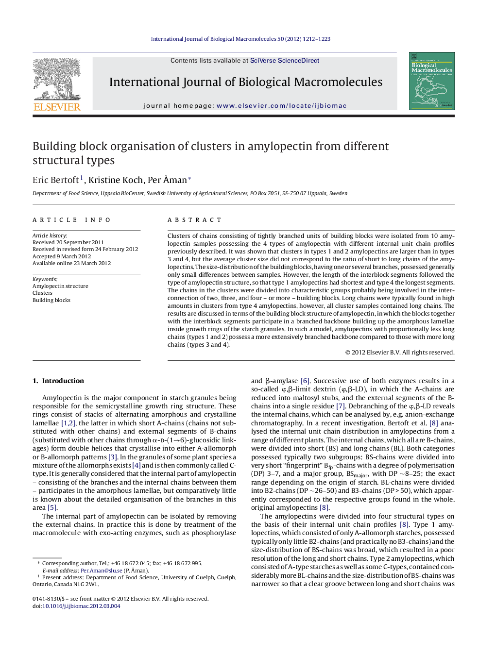 Building block organisation of clusters in amylopectin from different structural types