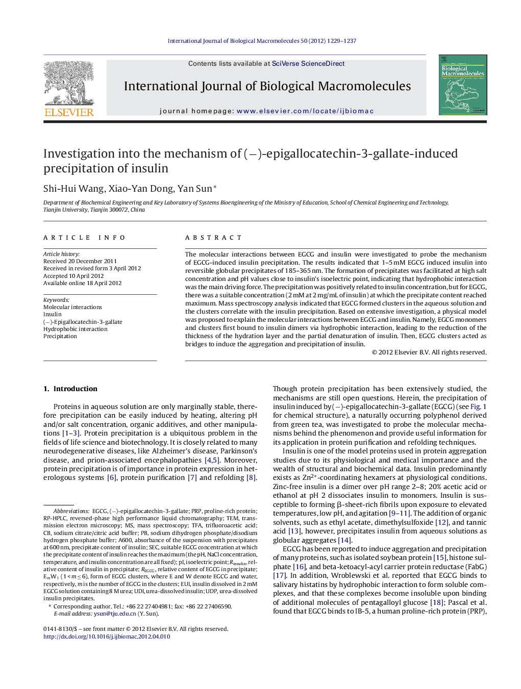 Investigation into the mechanism of (â)-epigallocatechin-3-gallate-induced precipitation of insulin