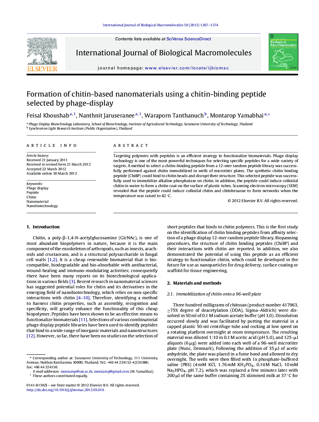 Formation of chitin-based nanomaterials using a chitin-binding peptide selected by phage-display