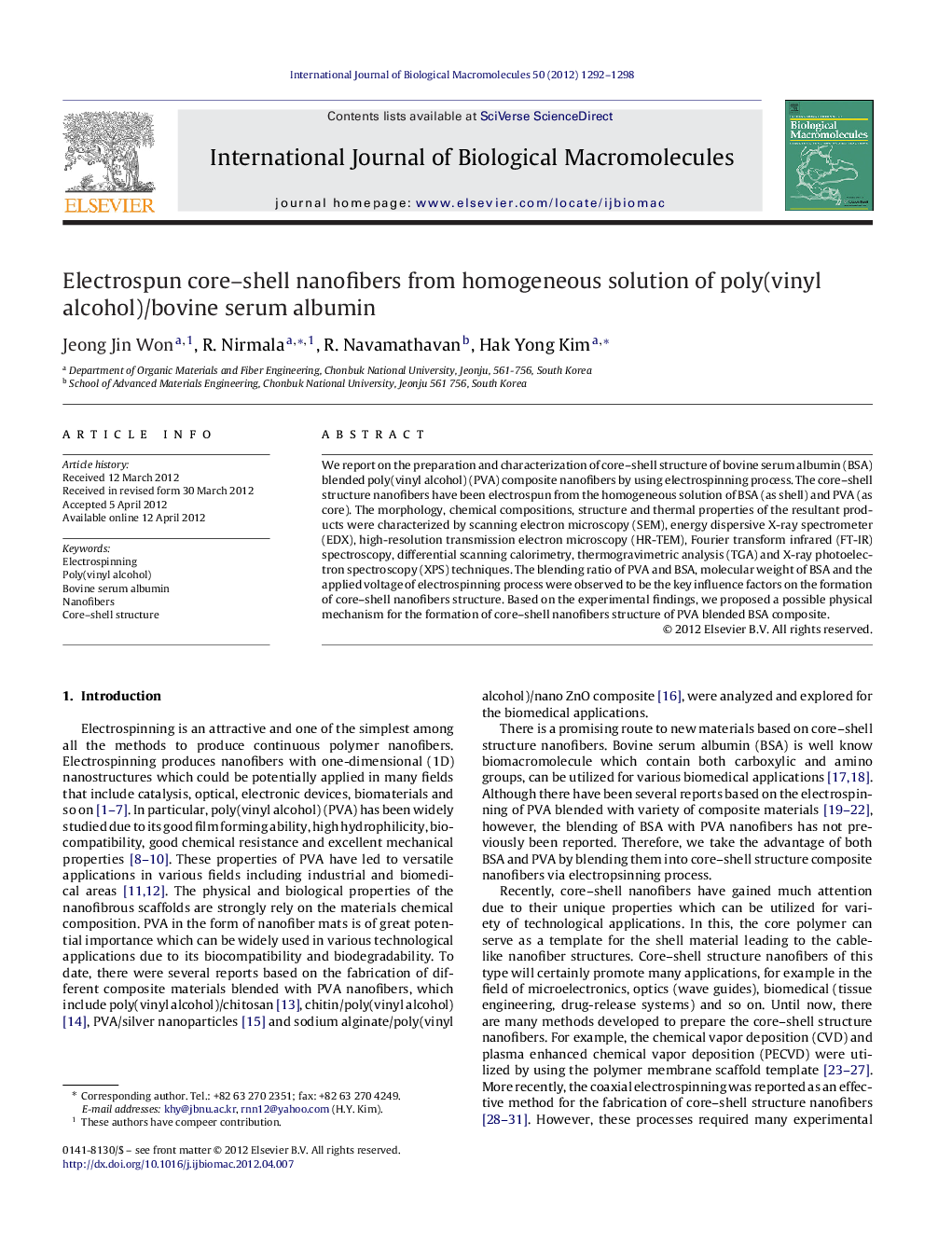 Electrospun core-shell nanofibers from homogeneous solution of poly(vinyl alcohol)/bovine serum albumin