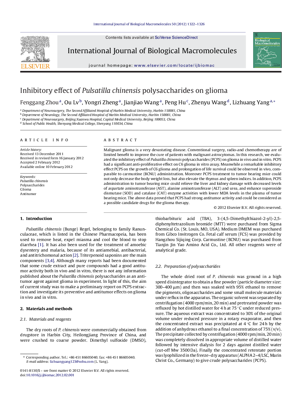 Inhibitory effect of Pulsatilla chinensis polysaccharides on glioma