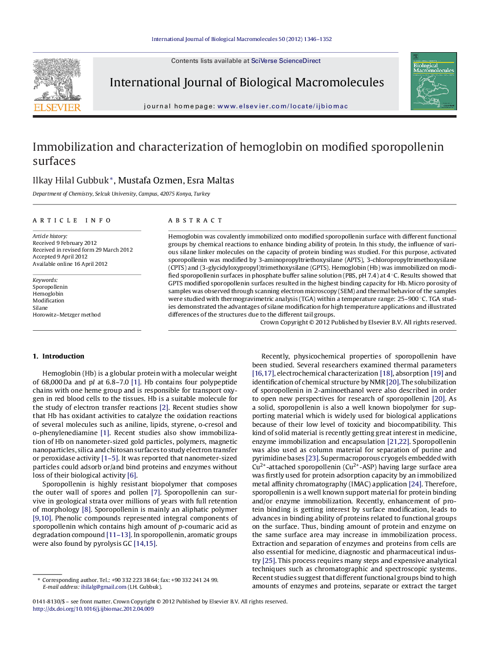 Immobilization and characterization of hemoglobin on modified sporopollenin surfaces