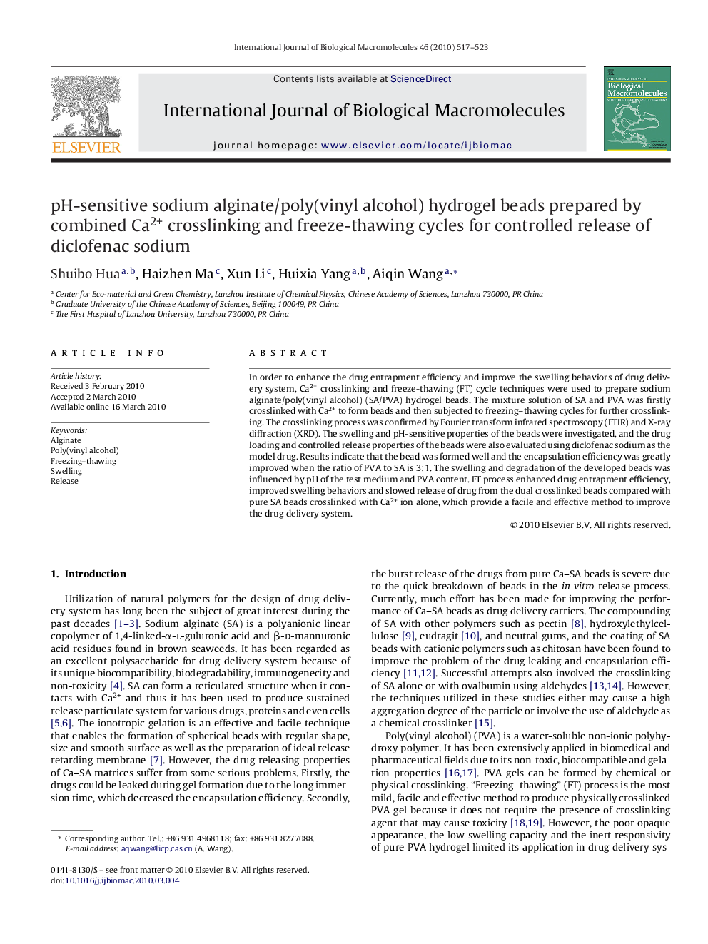 pH-sensitive sodium alginate/poly(vinyl alcohol) hydrogel beads prepared by combined Ca2+ crosslinking and freeze-thawing cycles for controlled release of diclofenac sodium