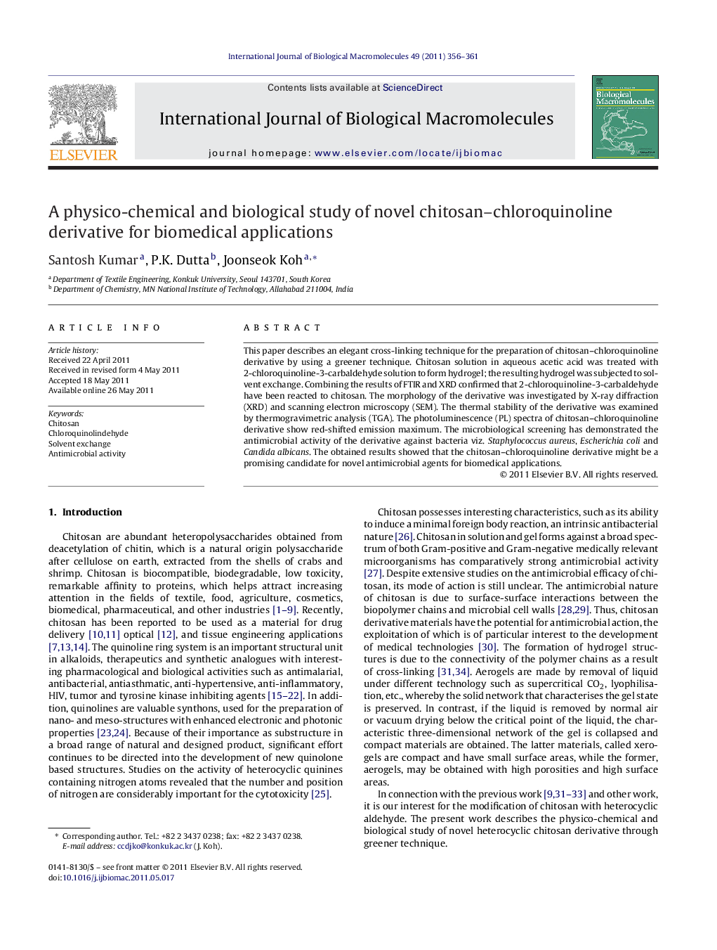 A physico-chemical and biological study of novel chitosan–chloroquinoline derivative for biomedical applications