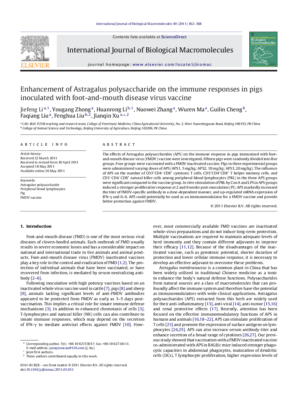 Enhancement of Astragalus polysaccharide on the immune responses in pigs inoculated with foot-and-mouth disease virus vaccine