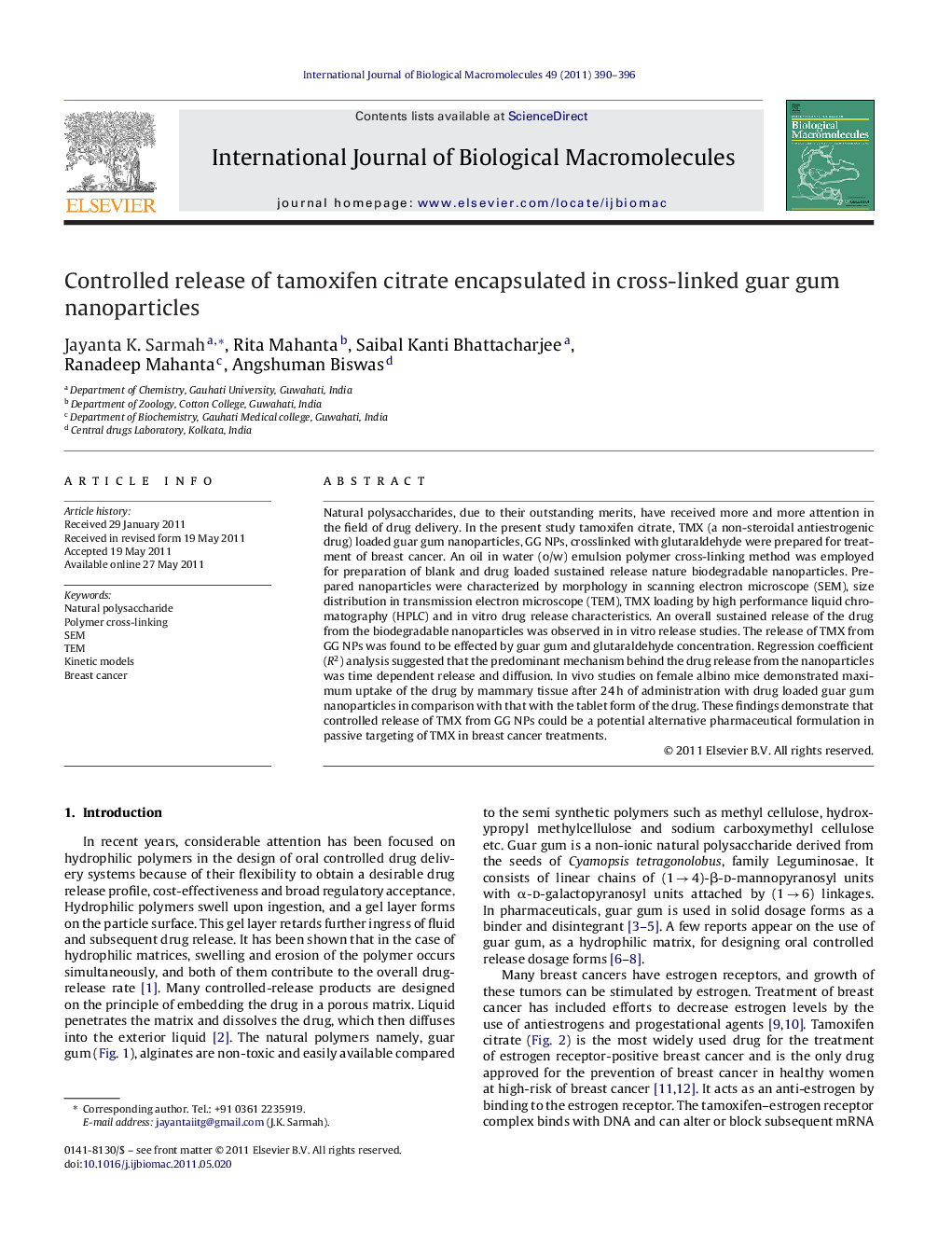 Controlled release of tamoxifen citrate encapsulated in cross-linked guar gum nanoparticles