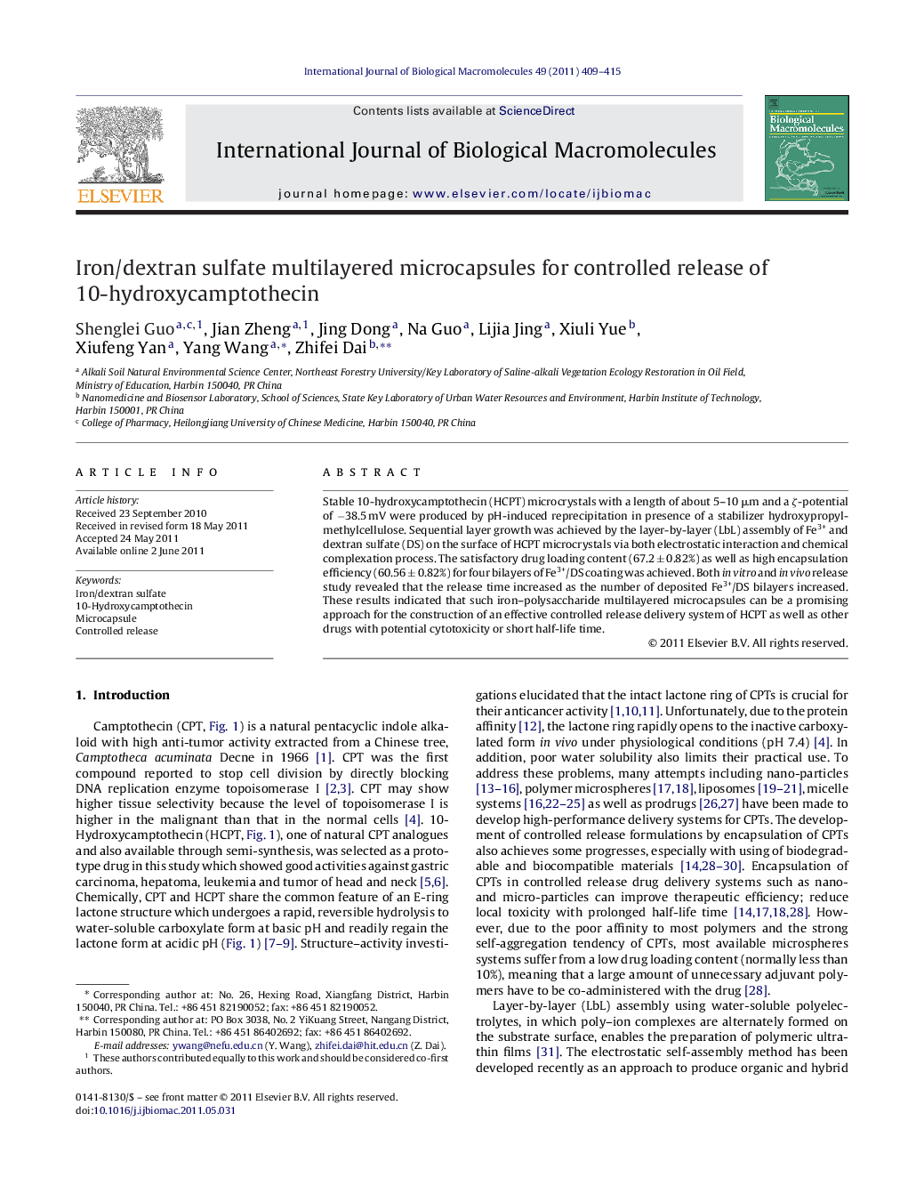 Iron/dextran sulfate multilayered microcapsules for controlled release of 10-hydroxycamptothecin