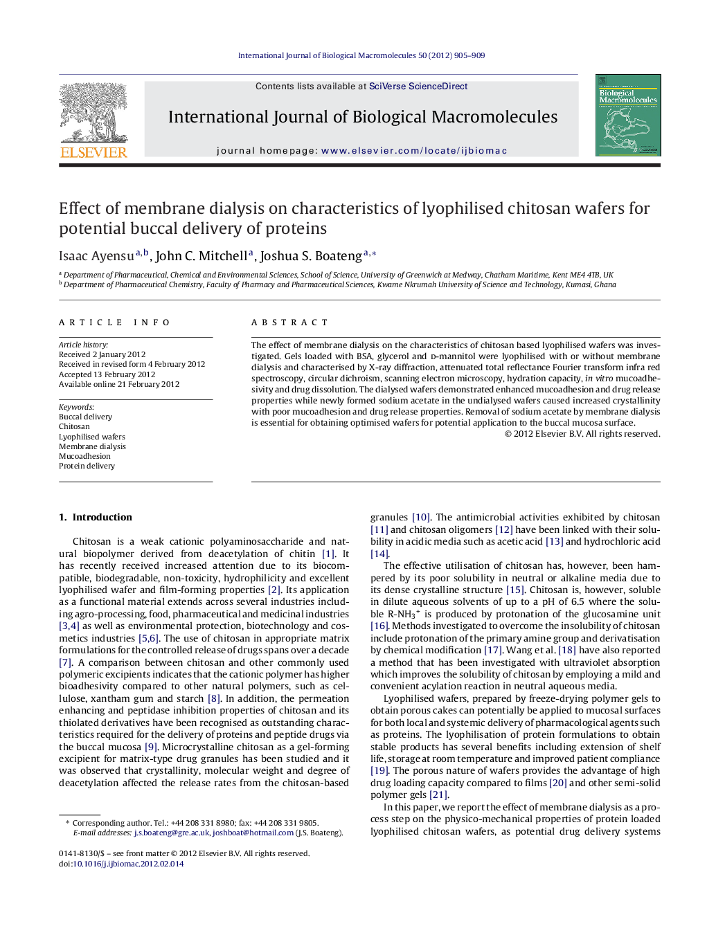 Effect of membrane dialysis on characteristics of lyophilised chitosan wafers for potential buccal delivery of proteins