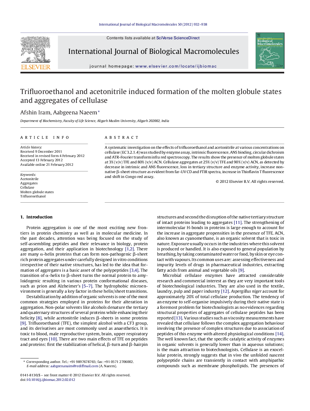 Trifluoroethanol and acetonitrile induced formation of the molten globule states and aggregates of cellulase