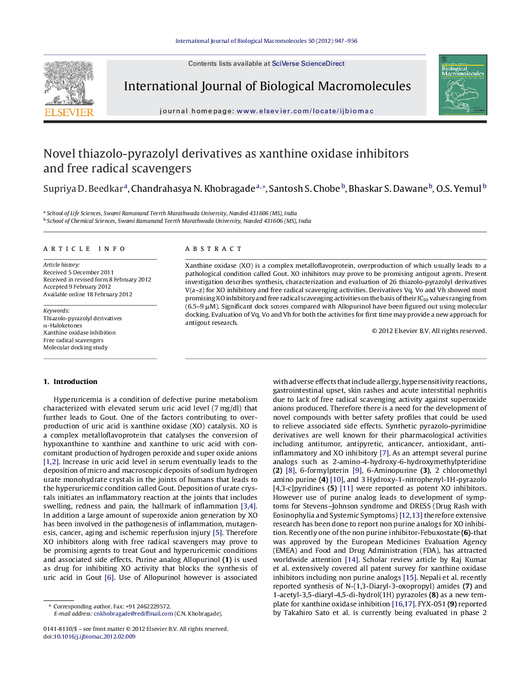 Novel thiazolo-pyrazolyl derivatives as xanthine oxidase inhibitors and free radical scavengers