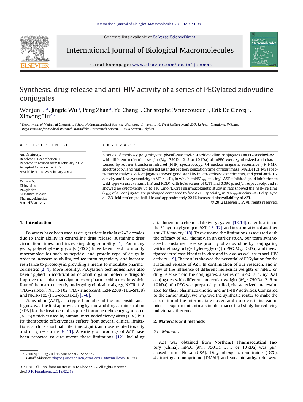 Synthesis, drug release and anti-HIV activity of a series of PEGylated zidovudine conjugates