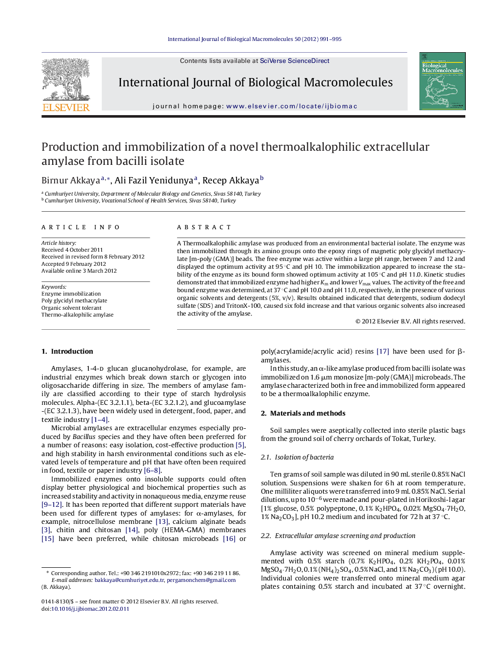 Production and immobilization of a novel thermoalkalophilic extracellular amylase from bacilli isolate