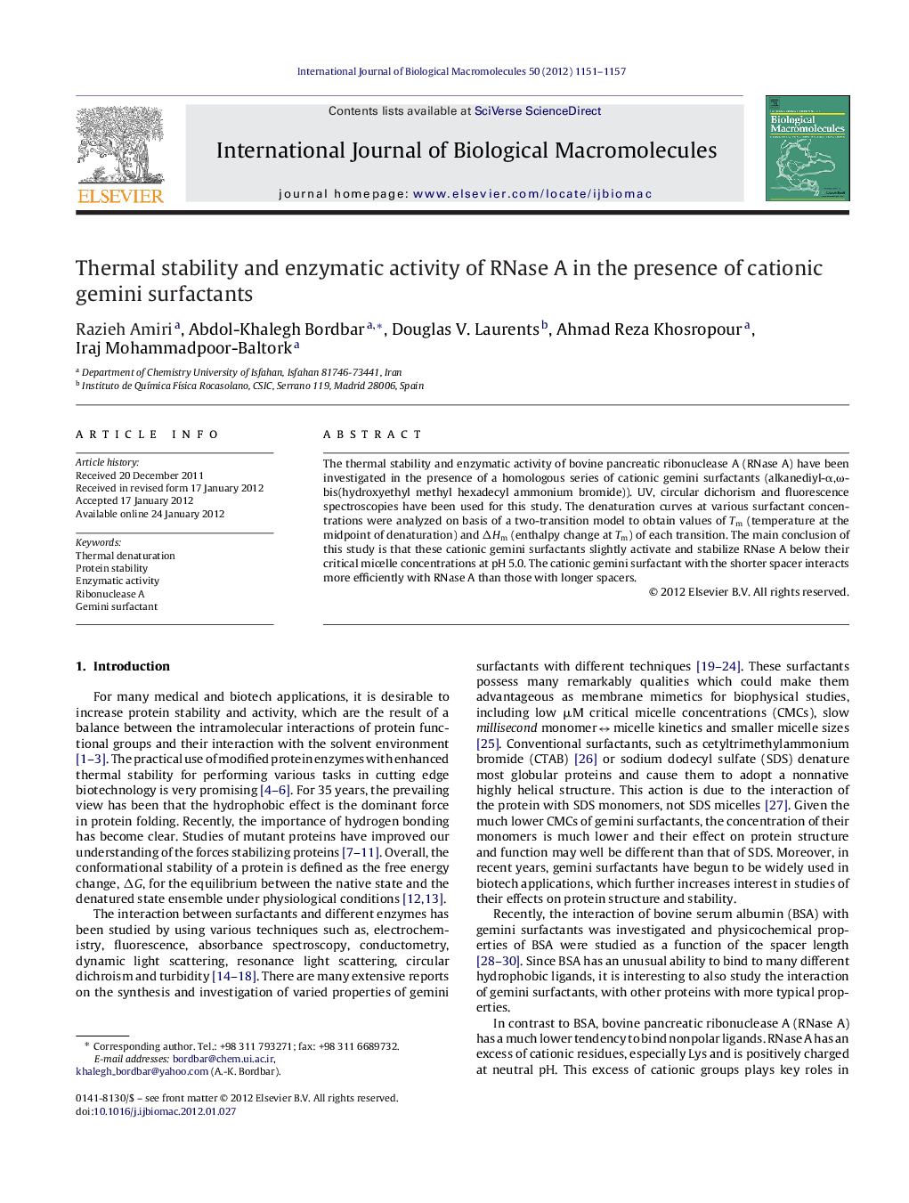 Thermal stability and enzymatic activity of RNase A in the presence of cationic gemini surfactants