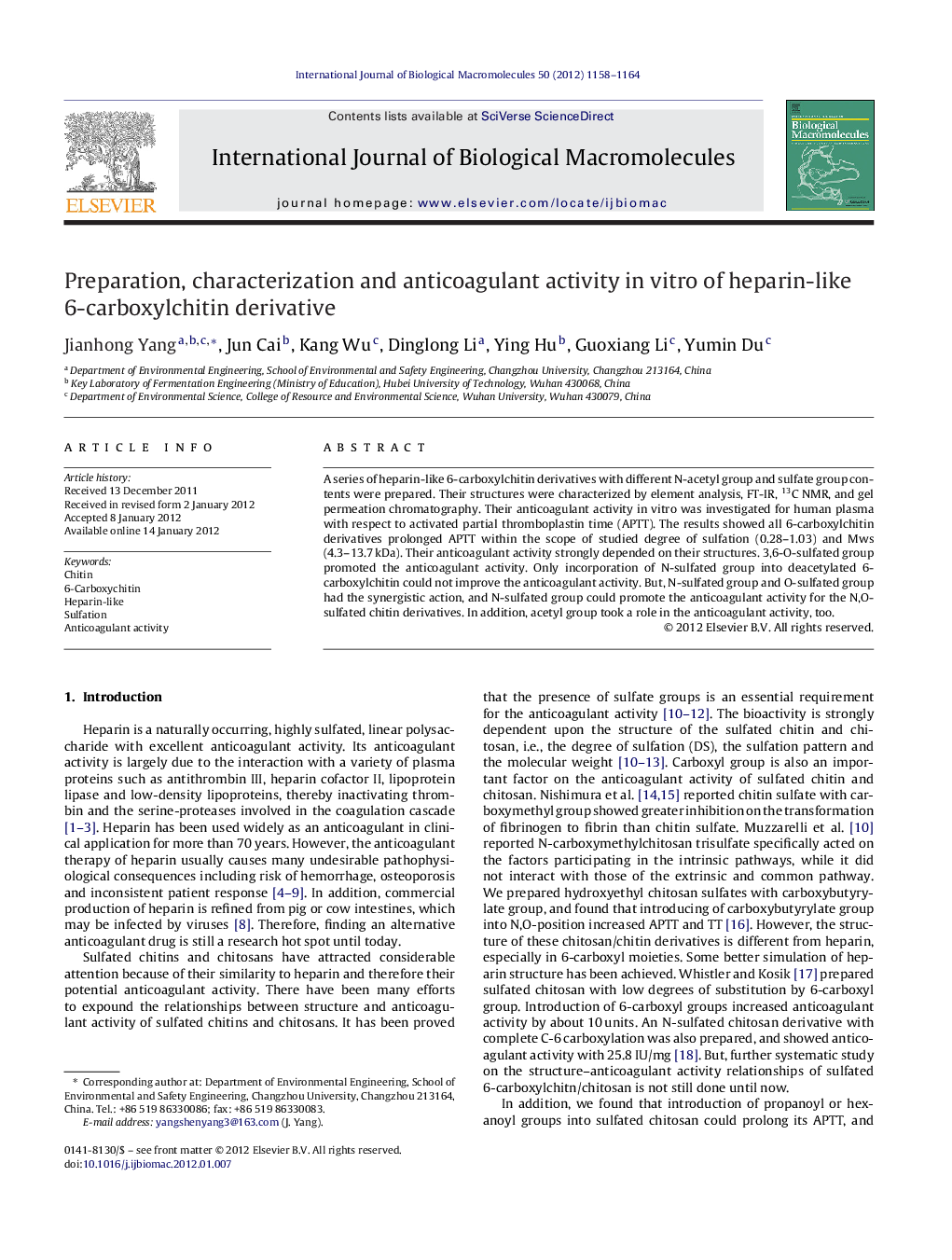 Preparation, characterization and anticoagulant activity in vitro of heparin-like 6-carboxylchitin derivative