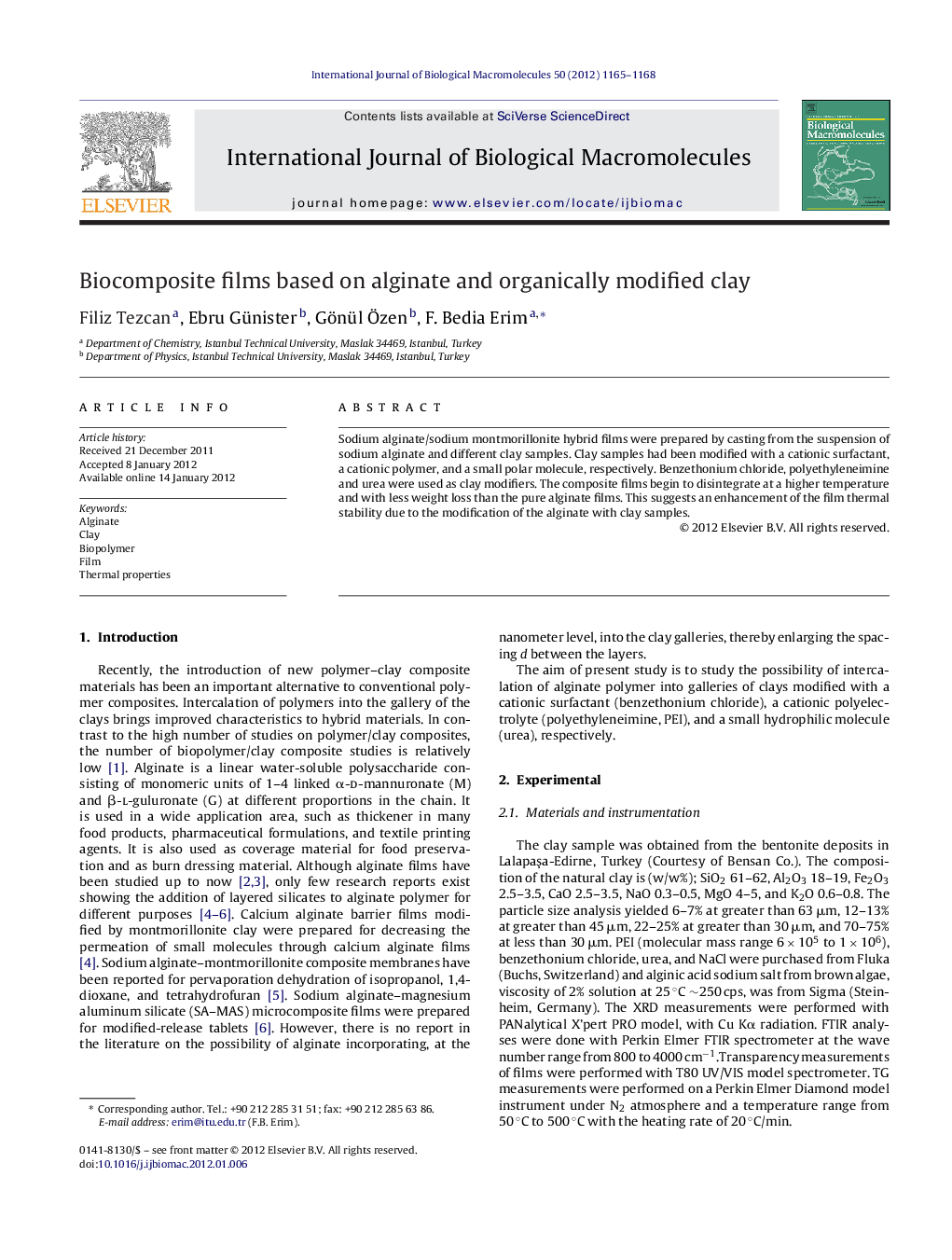 Biocomposite films based on alginate and organically modified clay