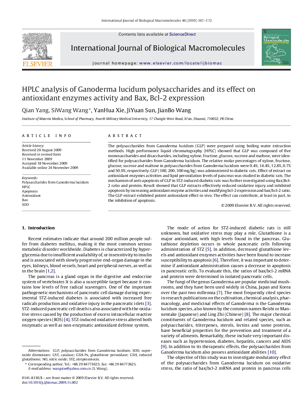 HPLC analysis of Ganoderma lucidum polysaccharides and its effect on antioxidant enzymes activity and Bax, Bcl-2 expression