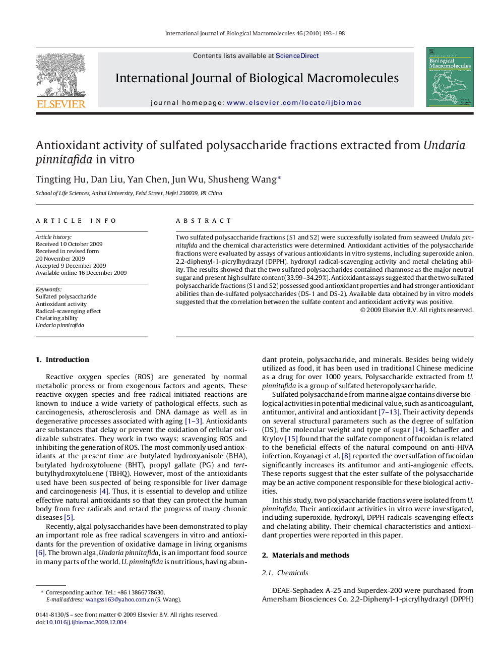 Antioxidant activity of sulfated polysaccharide fractions extracted from Undaria pinnitafida in vitro