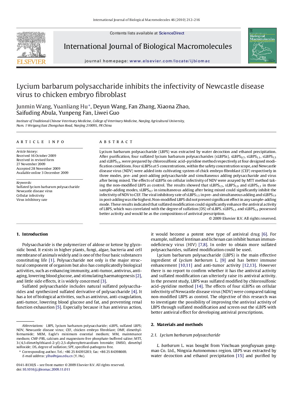 Lycium barbarum polysaccharide inhibits the infectivity of Newcastle disease virus to chicken embryo fibroblast