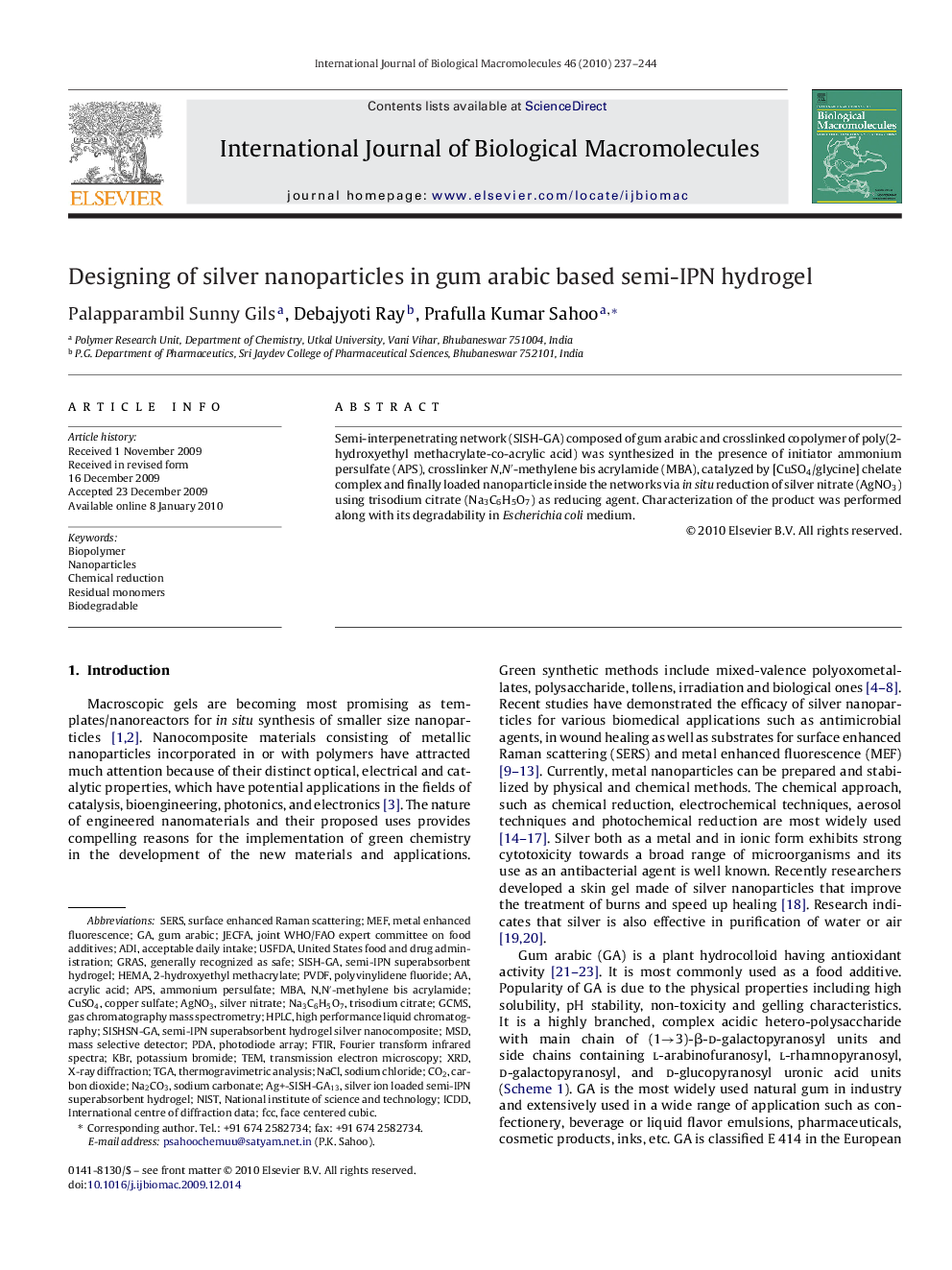 Designing of silver nanoparticles in gum arabic based semi-IPN hydrogel