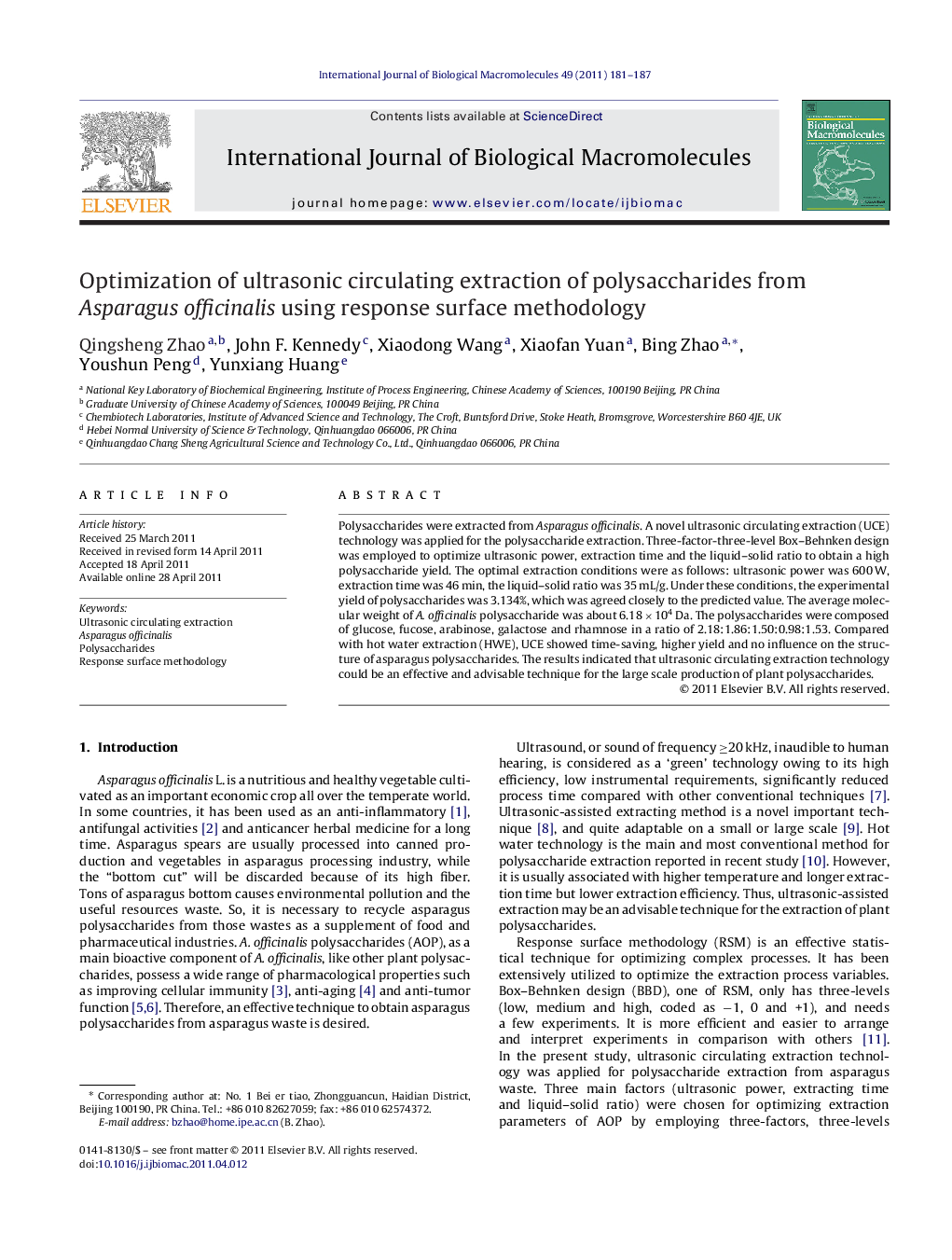 Optimization of ultrasonic circulating extraction of polysaccharides from Asparagus officinalis using response surface methodology