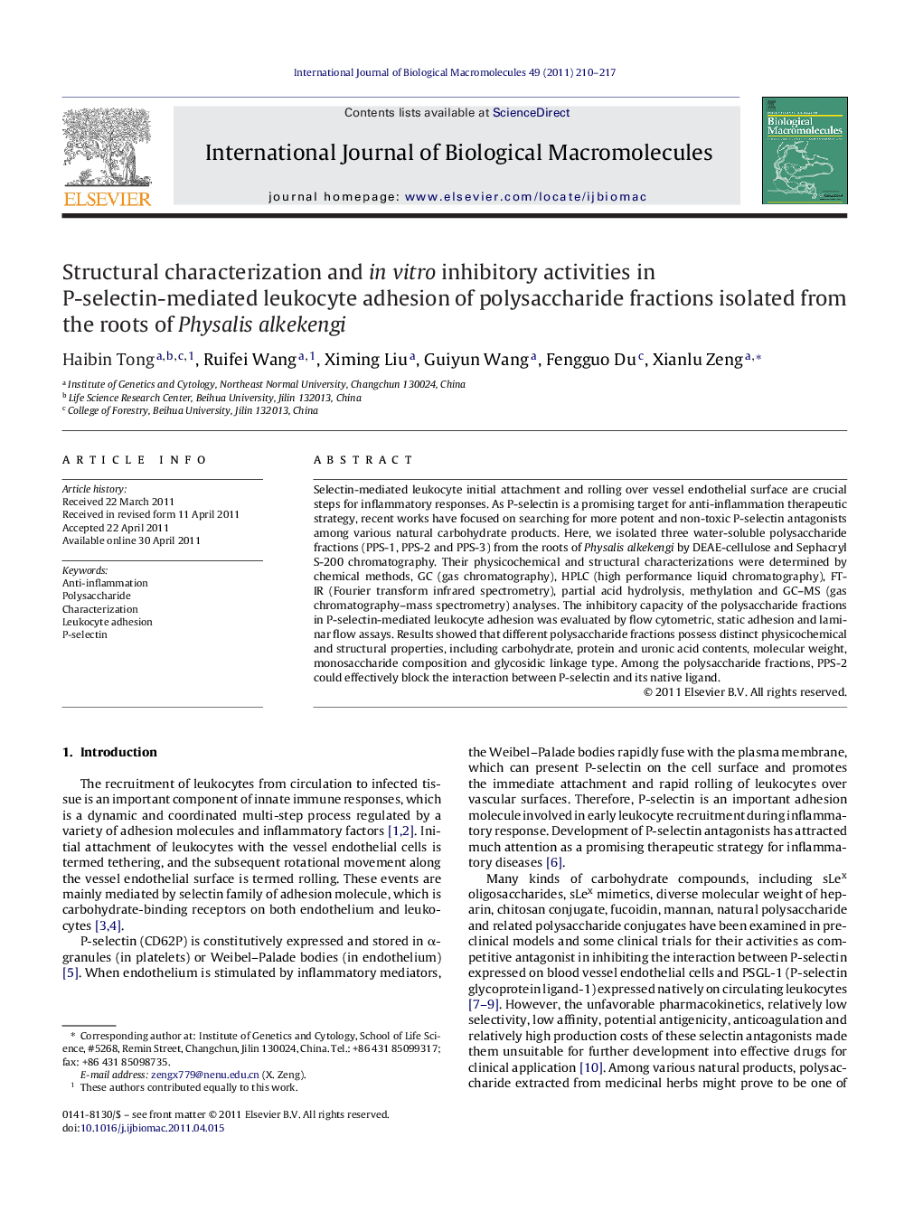 Structural characterization and in vitro inhibitory activities in P-selectin-mediated leukocyte adhesion of polysaccharide fractions isolated from the roots of Physalis alkekengi