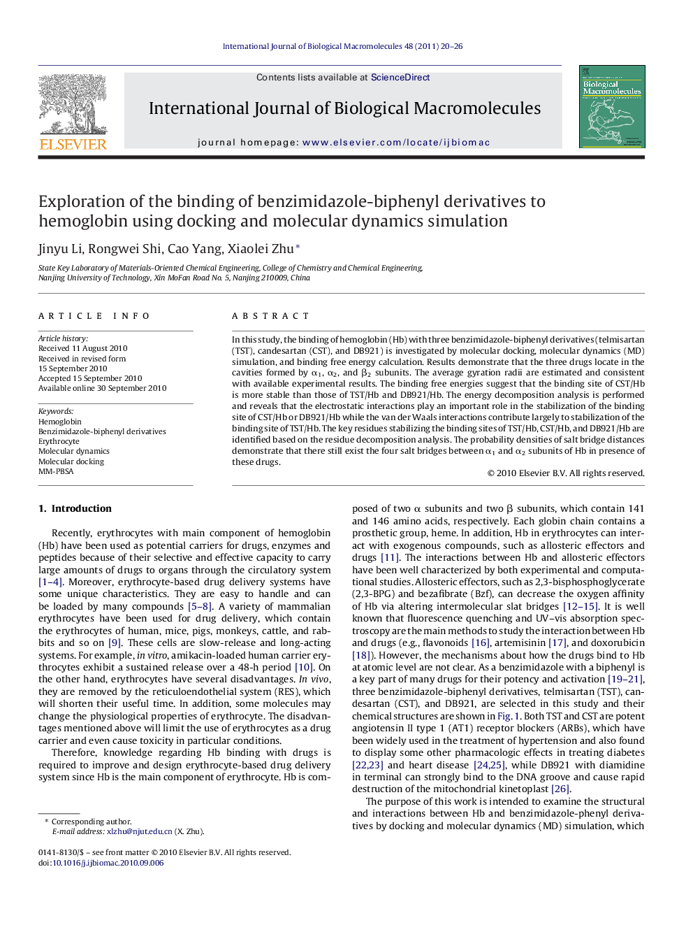 Exploration of the binding of benzimidazole-biphenyl derivatives to hemoglobin using docking and molecular dynamics simulation