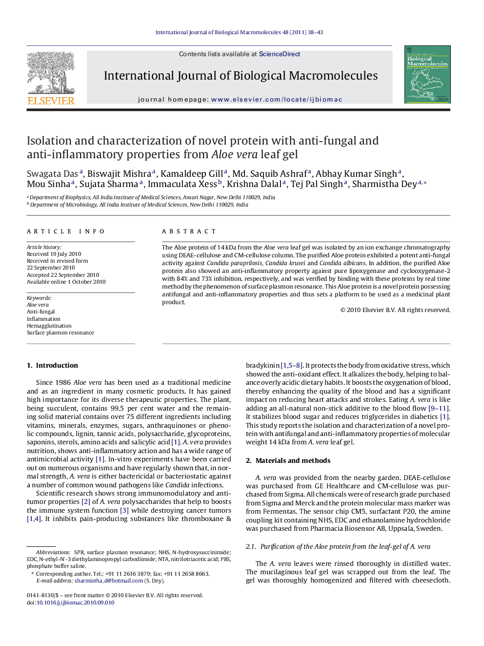 Isolation and characterization of novel protein with anti-fungal and anti-inflammatory properties from Aloe vera leaf gel