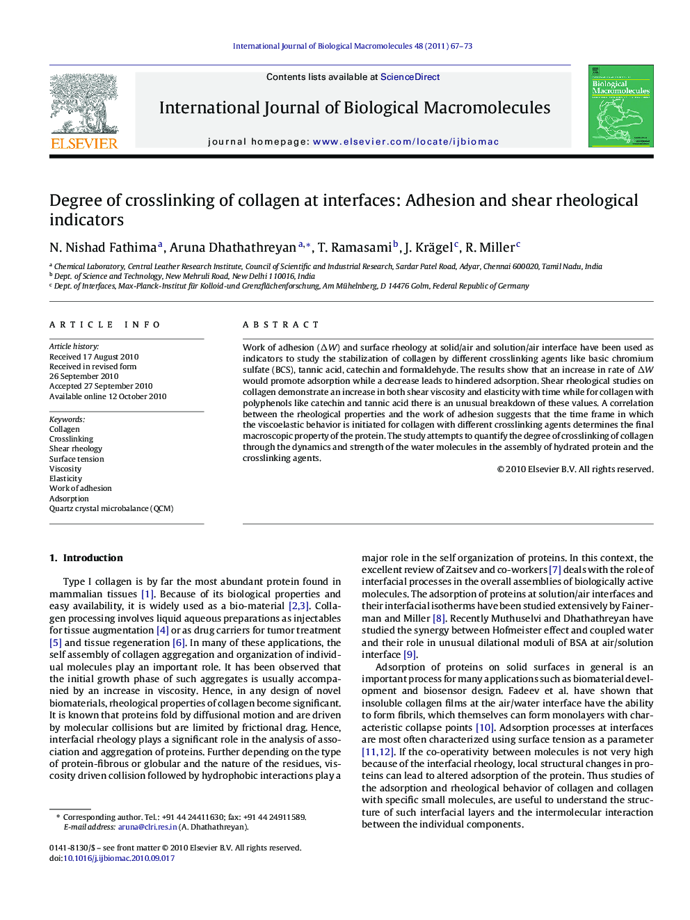 Degree of crosslinking of collagen at interfaces: Adhesion and shear rheological indicators