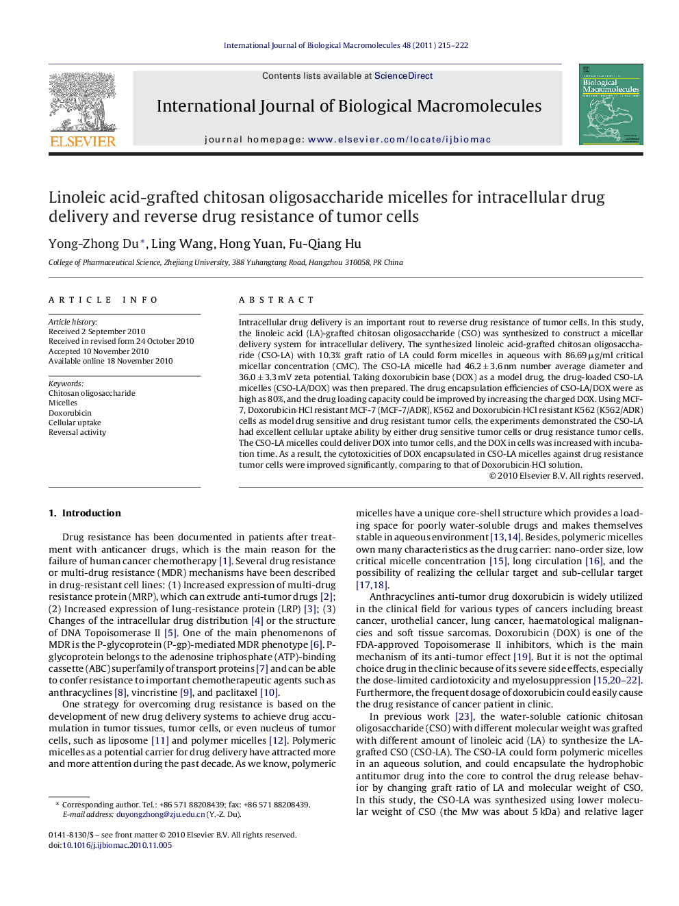 Linoleic acid-grafted chitosan oligosaccharide micelles for intracellular drug delivery and reverse drug resistance of tumor cells