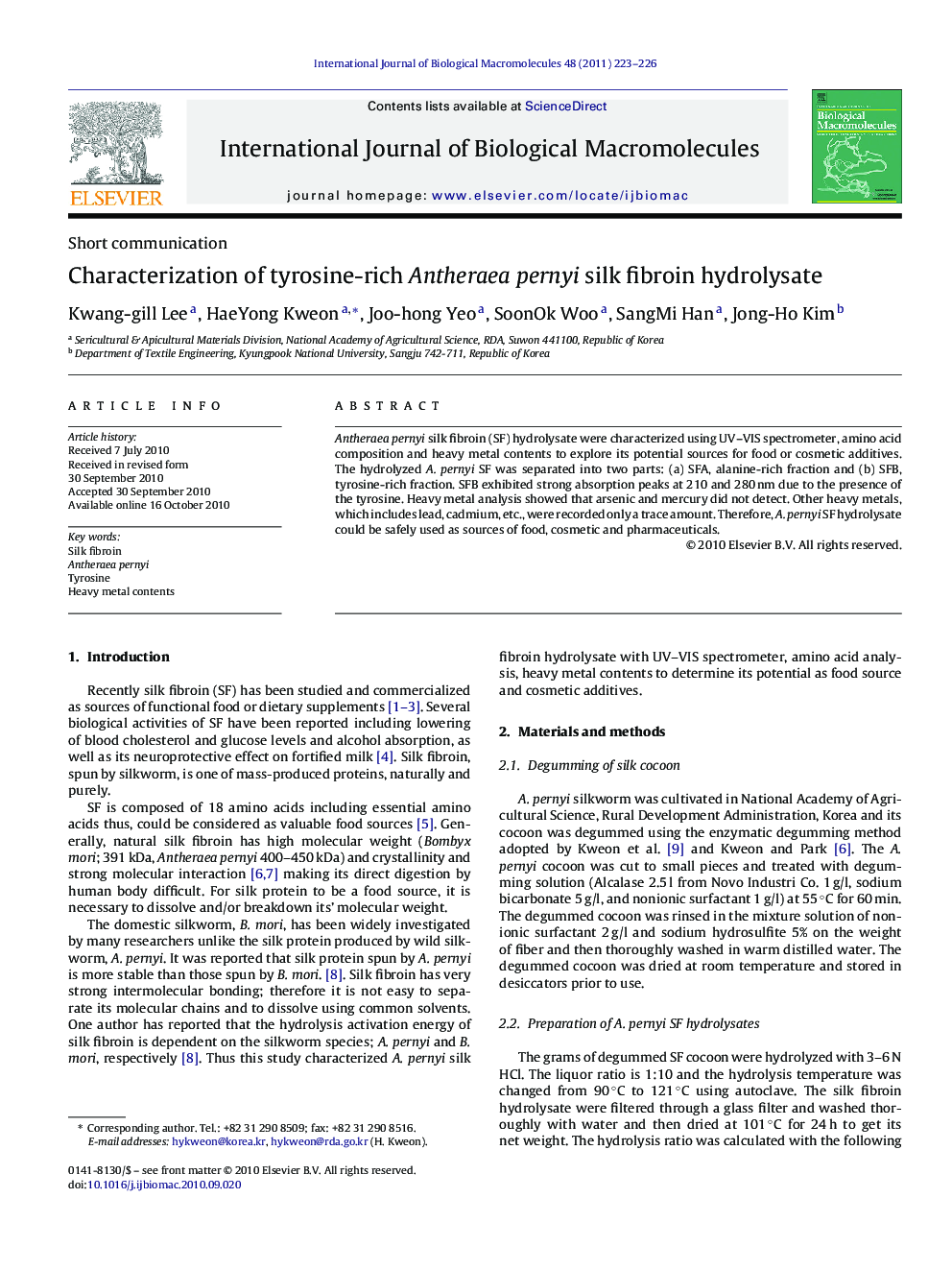 Characterization of tyrosine-rich Antheraea pernyi silk fibroin hydrolysate