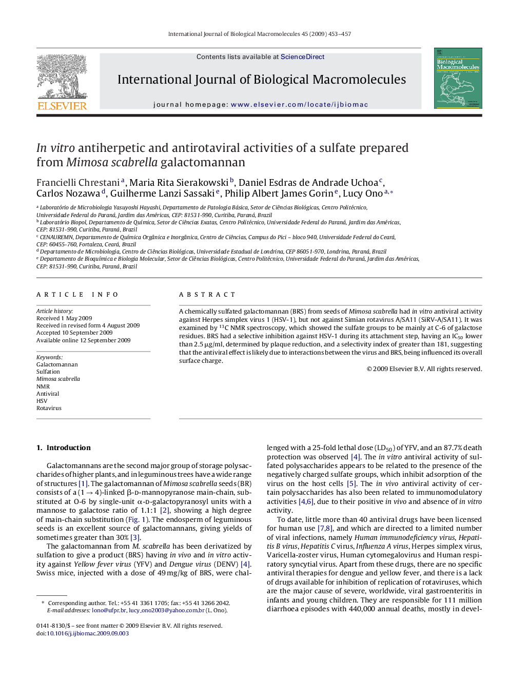 In vitro antiherpetic and antirotaviral activities of a sulfate prepared from Mimosa scabrella galactomannan