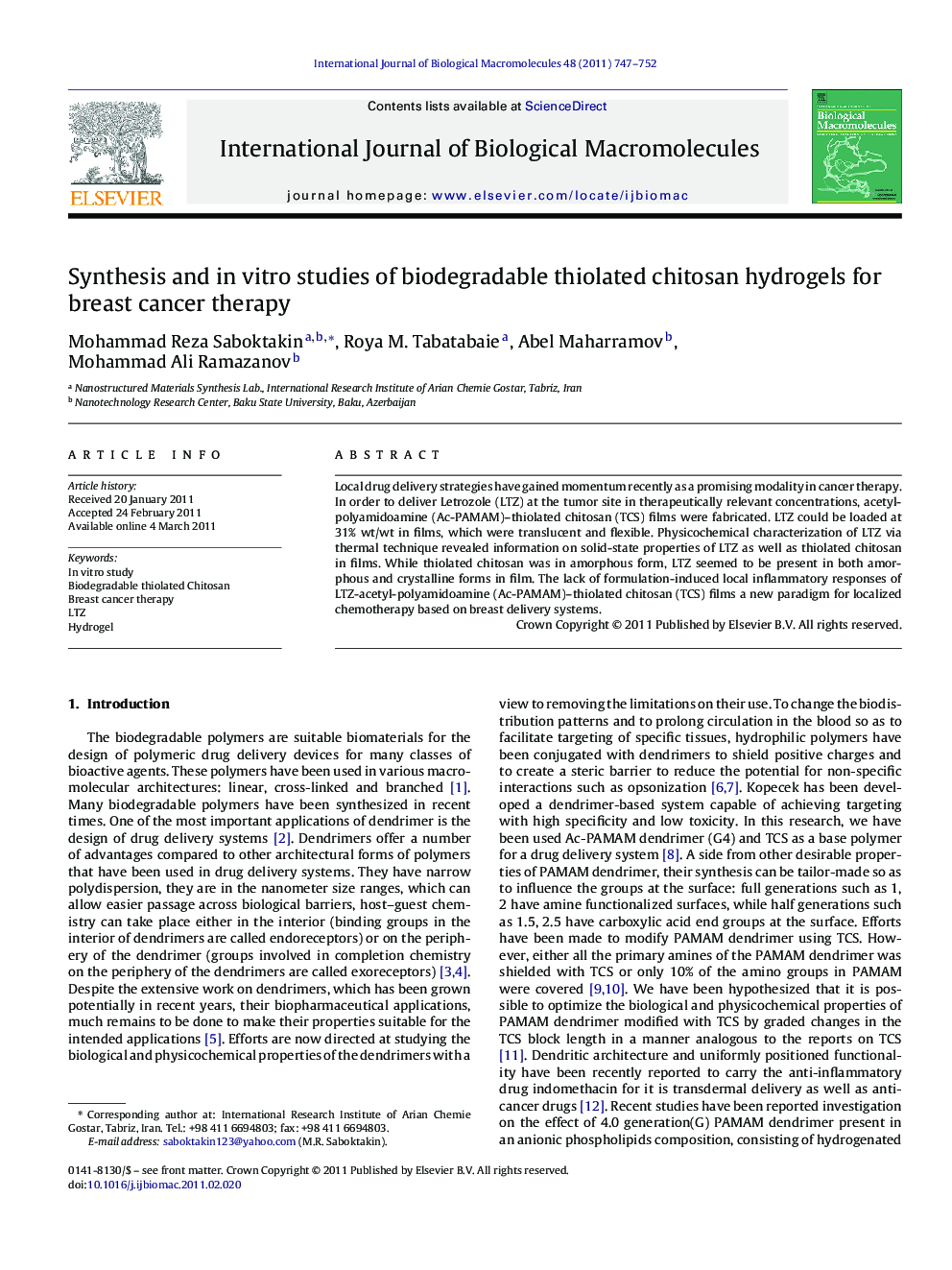 Synthesis and in vitro studies of biodegradable thiolated chitosan hydrogels for breast cancer therapy