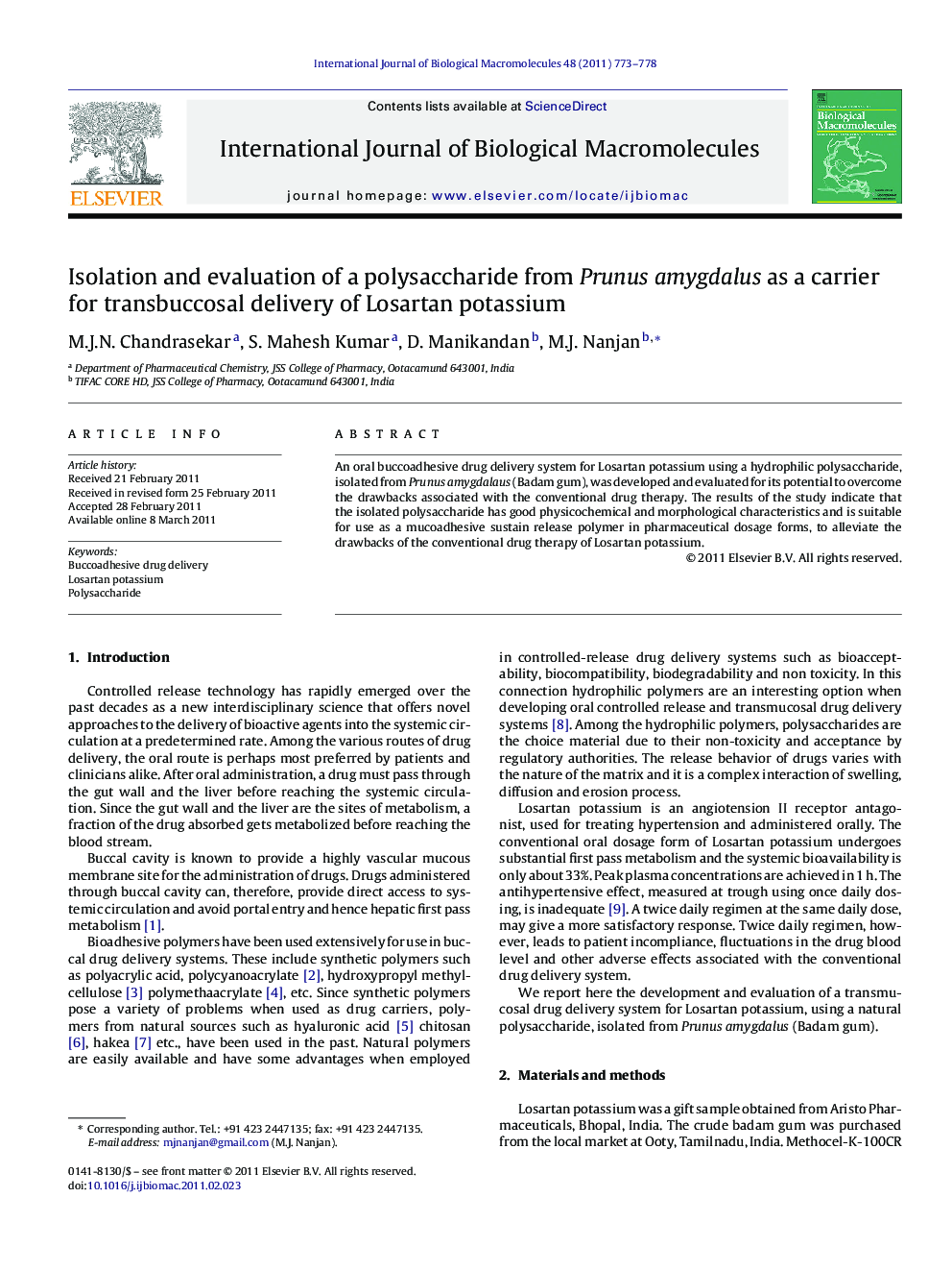 Isolation and evaluation of a polysaccharide from Prunus amygdalus as a carrier for transbuccosal delivery of Losartan potassium