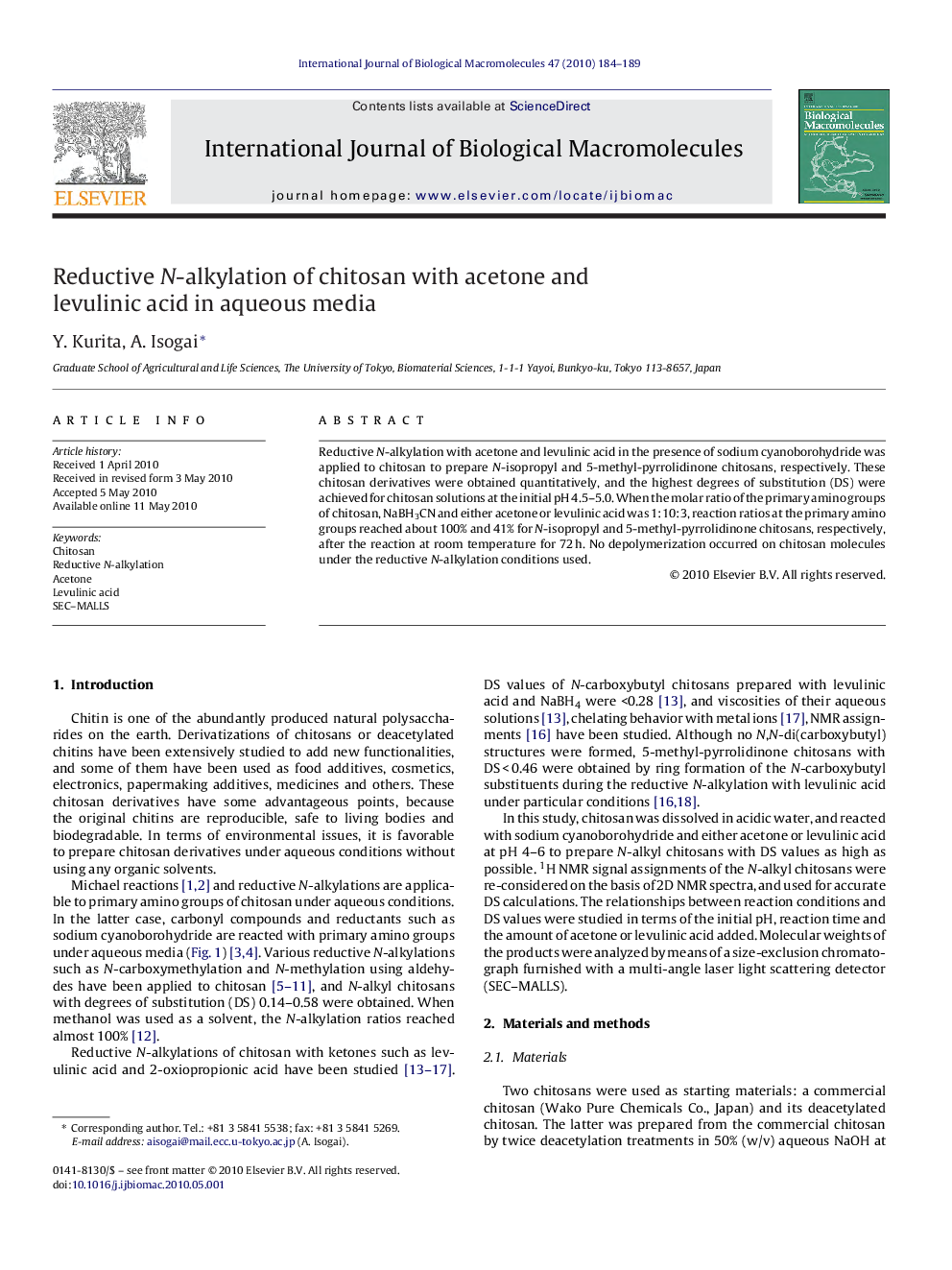 Reductive N-alkylation of chitosan with acetone and levulinic acid in aqueous media