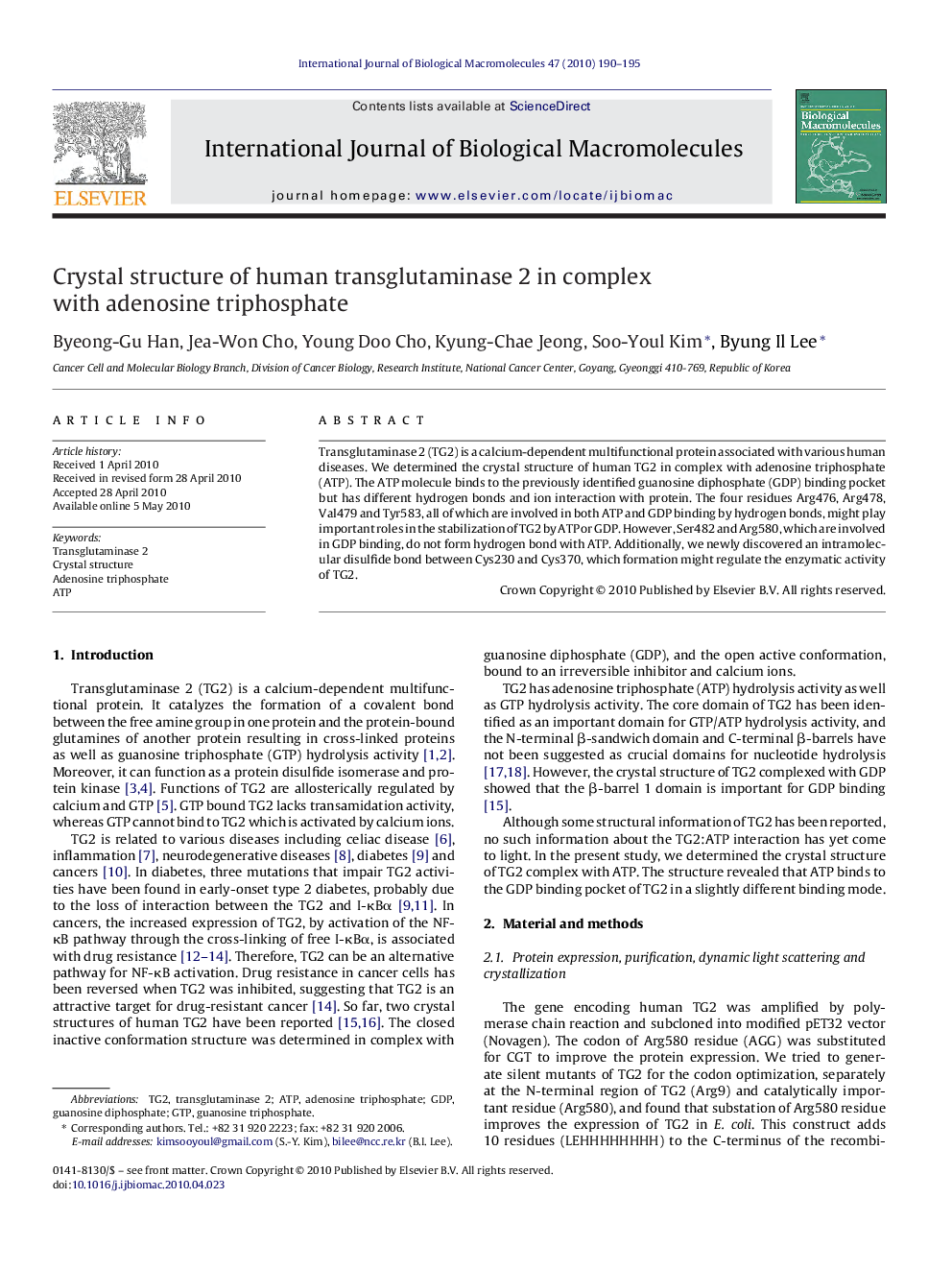 Crystal structure of human transglutaminase 2 in complex with adenosine triphosphate