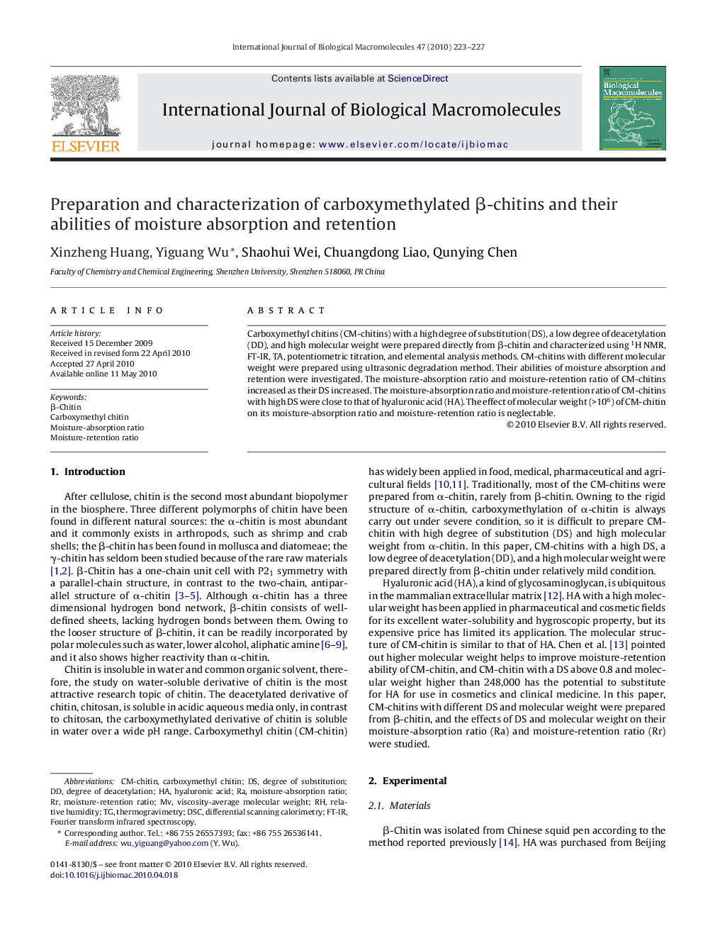 Preparation and characterization of carboxymethylated β-chitins and their abilities of moisture absorption and retention