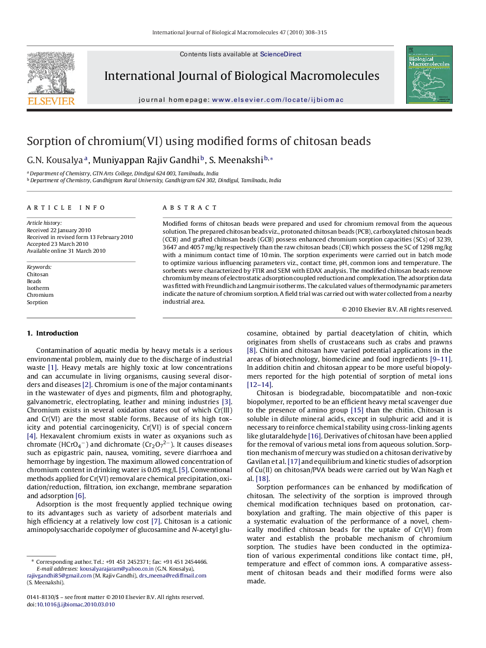 Sorption of chromium(VI) using modified forms of chitosan beads