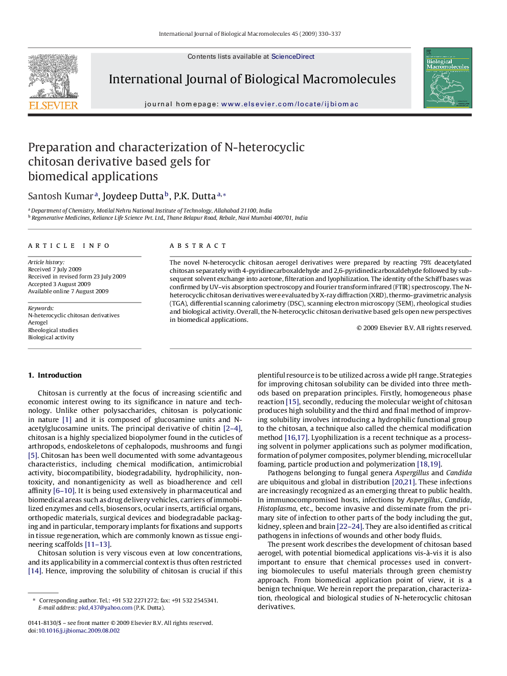 Preparation and characterization of N-heterocyclic chitosan derivative based gels for biomedical applications