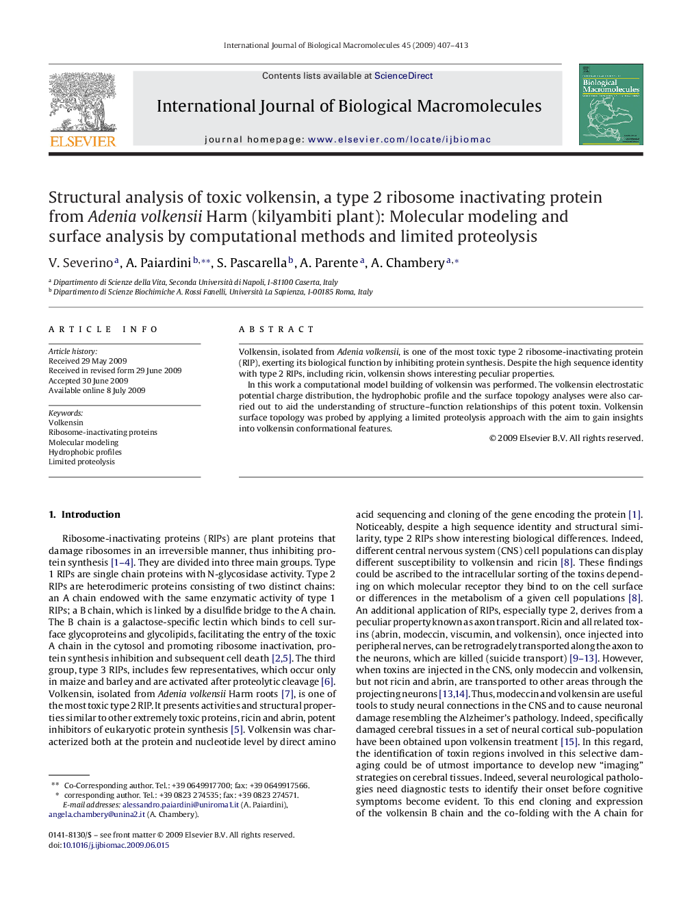 Structural analysis of toxic volkensin, a type 2 ribosome inactivating protein from Adenia volkensii Harm (kilyambiti plant): Molecular modeling and surface analysis by computational methods and limited proteolysis